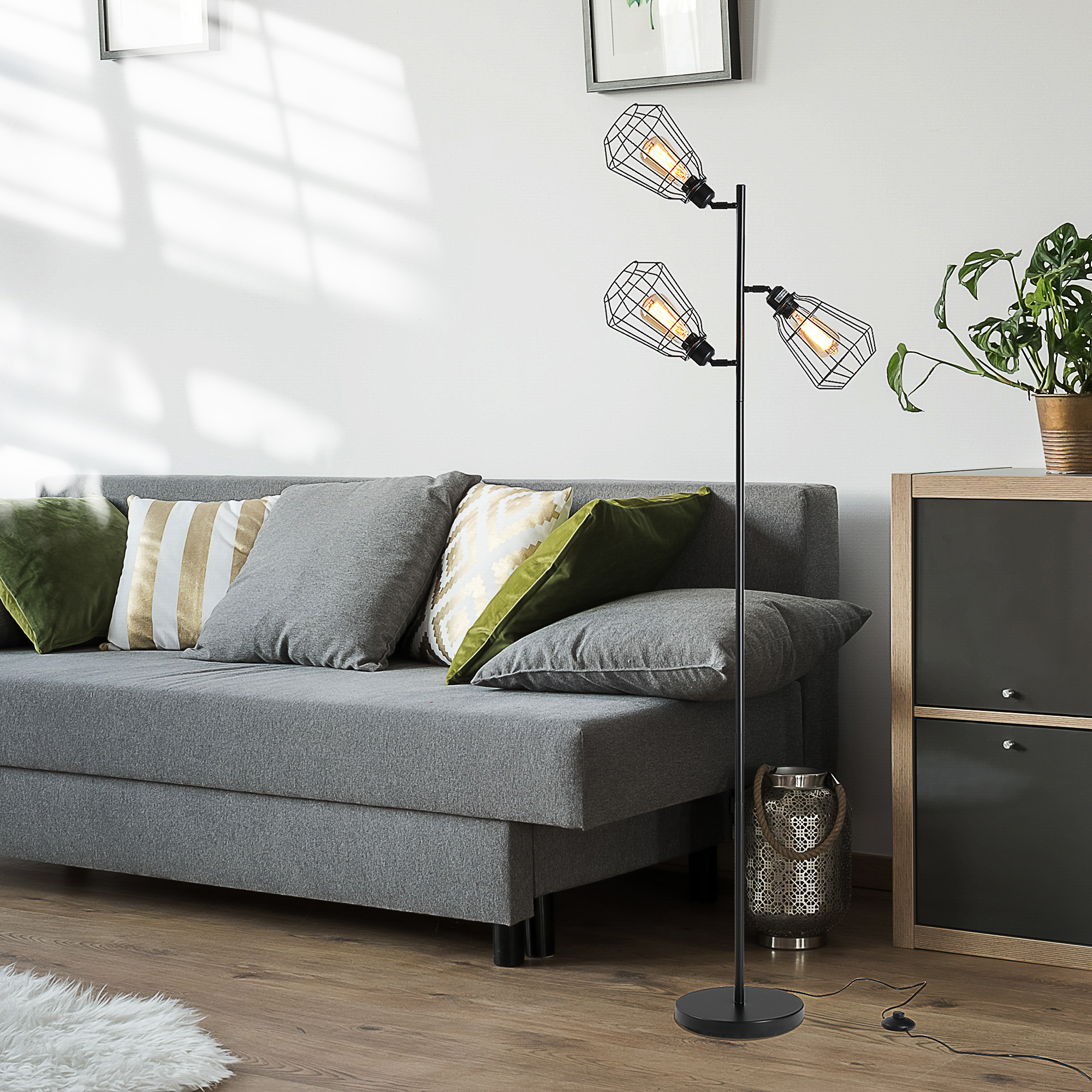 HOMCOM Industrielle Design Stehlampe 3 Glühbirnen max. 40 W Käfiglampenschirm Schwarz