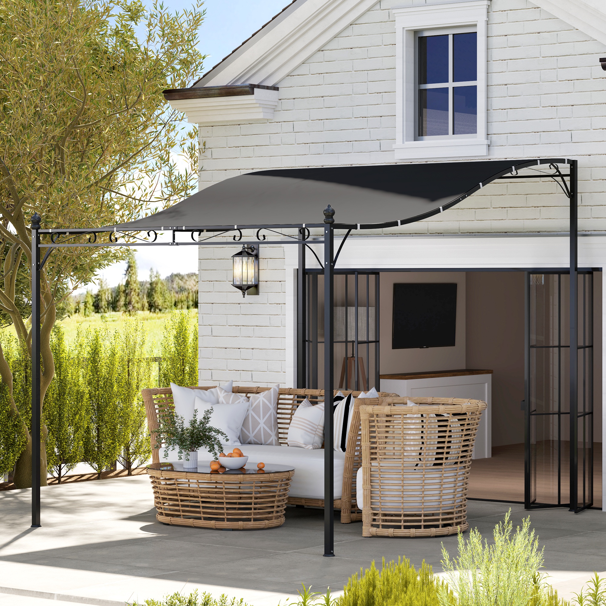 Outsunny 2,5 x 3 m Pergola, Wandmontierter Garten-Pavillon, wasserbeständig, Metallrahmen, Ablauflöcher, Schattendach, Dunkelgrau