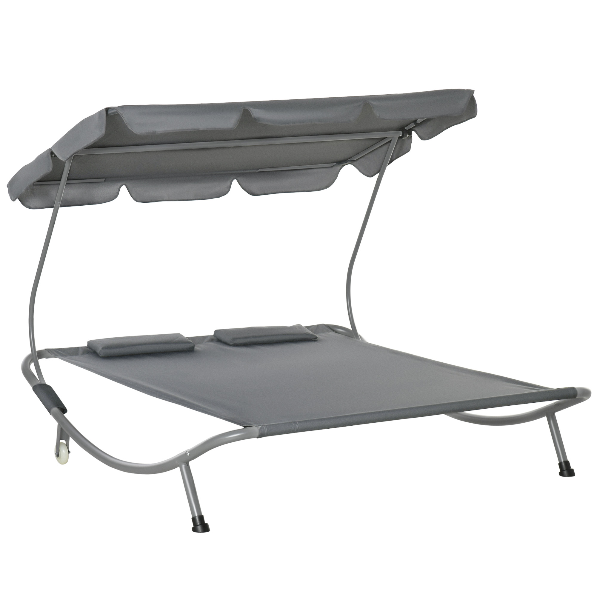 Outsunny Sonnenliege rollbar Gartenliege mit Dach Liegestuhl mit Kopfkissen wasserabweisend und UV-beständig Campingliege bis 220kg belastbar für Garten, Balkon, Grau