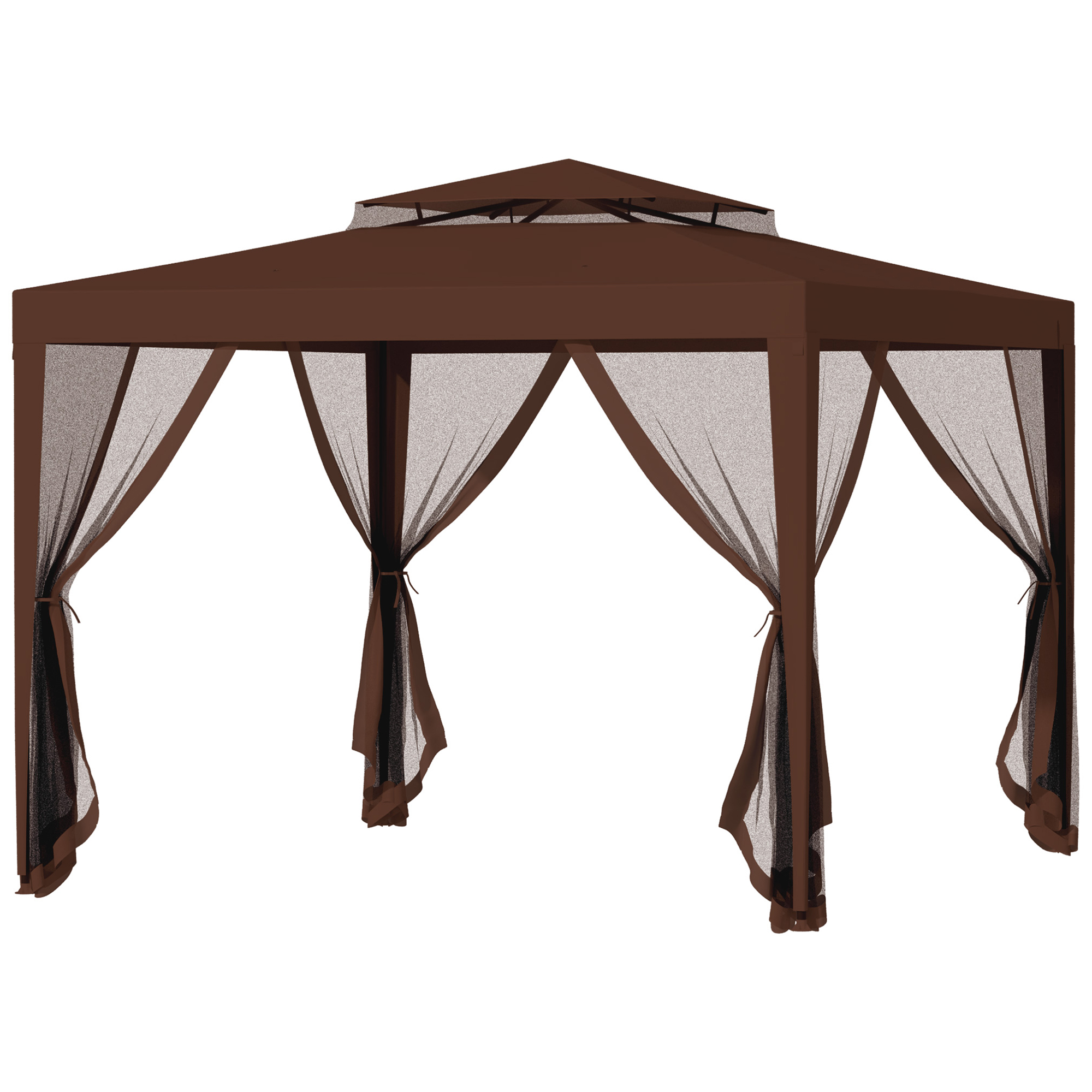 Outsunny Gartenpavillon 3L x 3B m mit 4 abnehmbaren Moskitonetzen - Doppeltes Dach - Braun