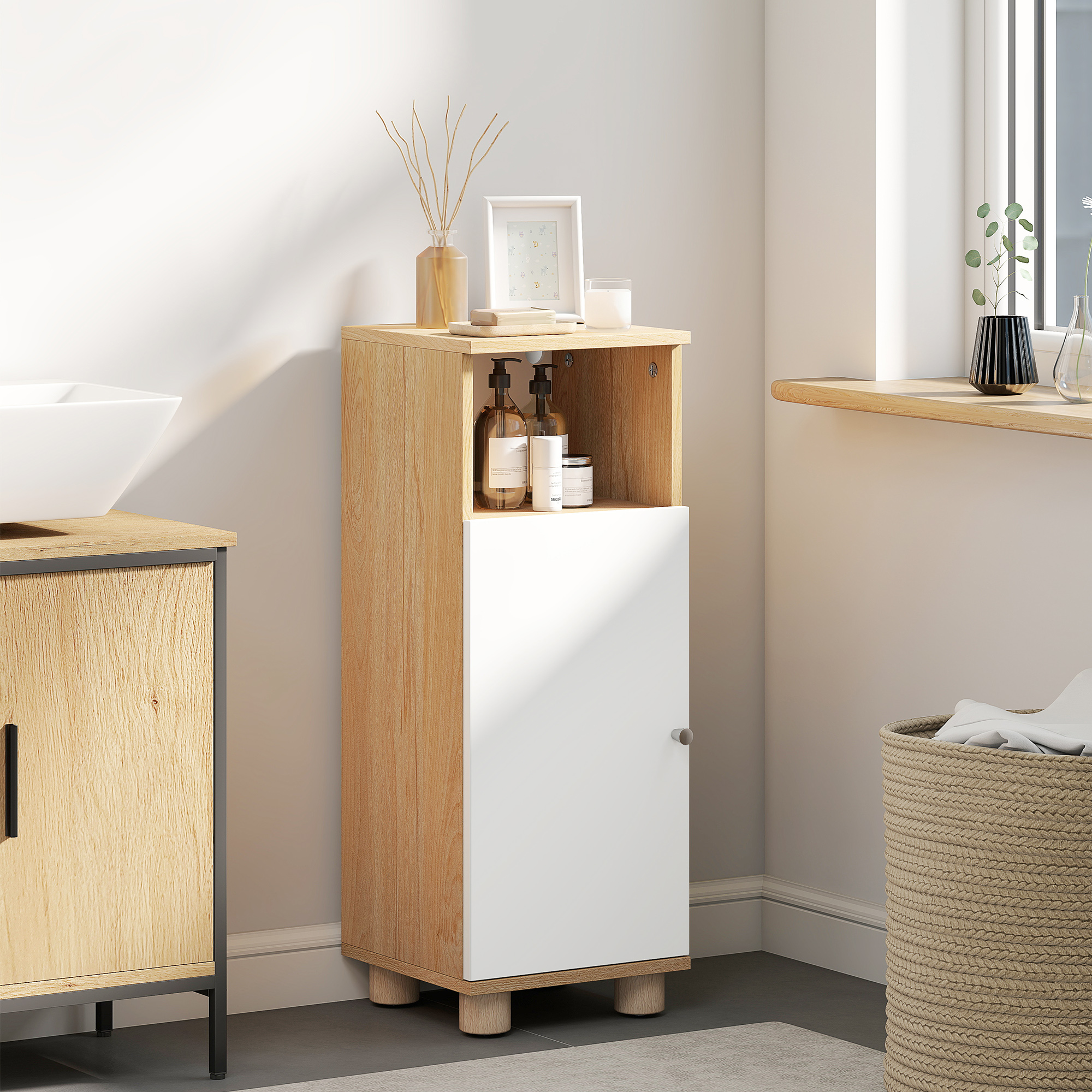 HOMCOM Badezimmerschrank Platzsparend mit 2 Regalen und offenem Fach, 30x30x79,7 cm, Weiß und Holz