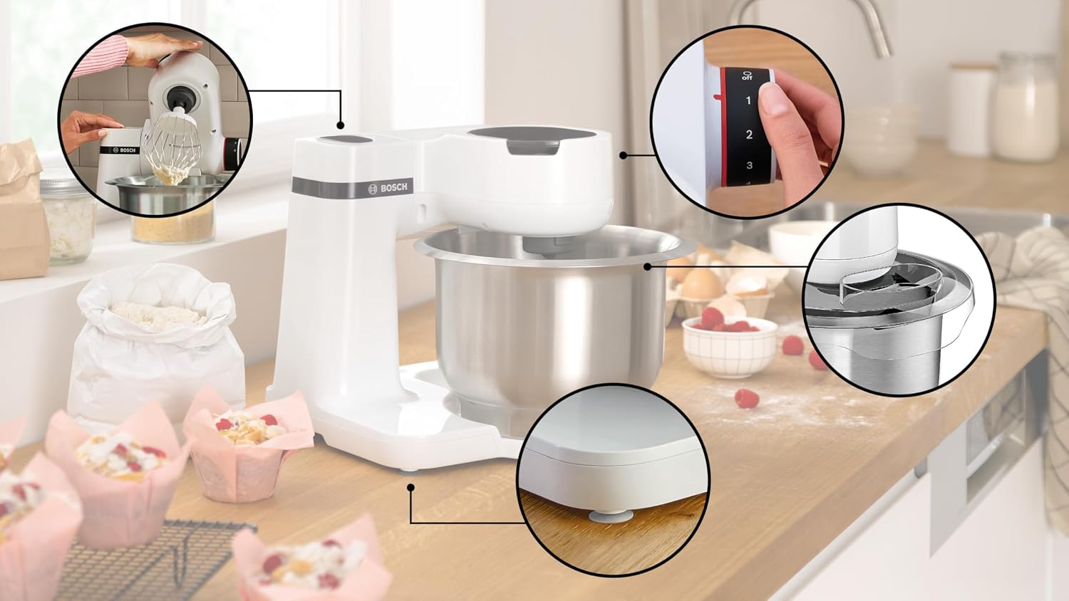 Bosch MUMS2EW00 Impastatrice, 700 W Ciotola da 3.8L in Acciaio Inox, Bianco