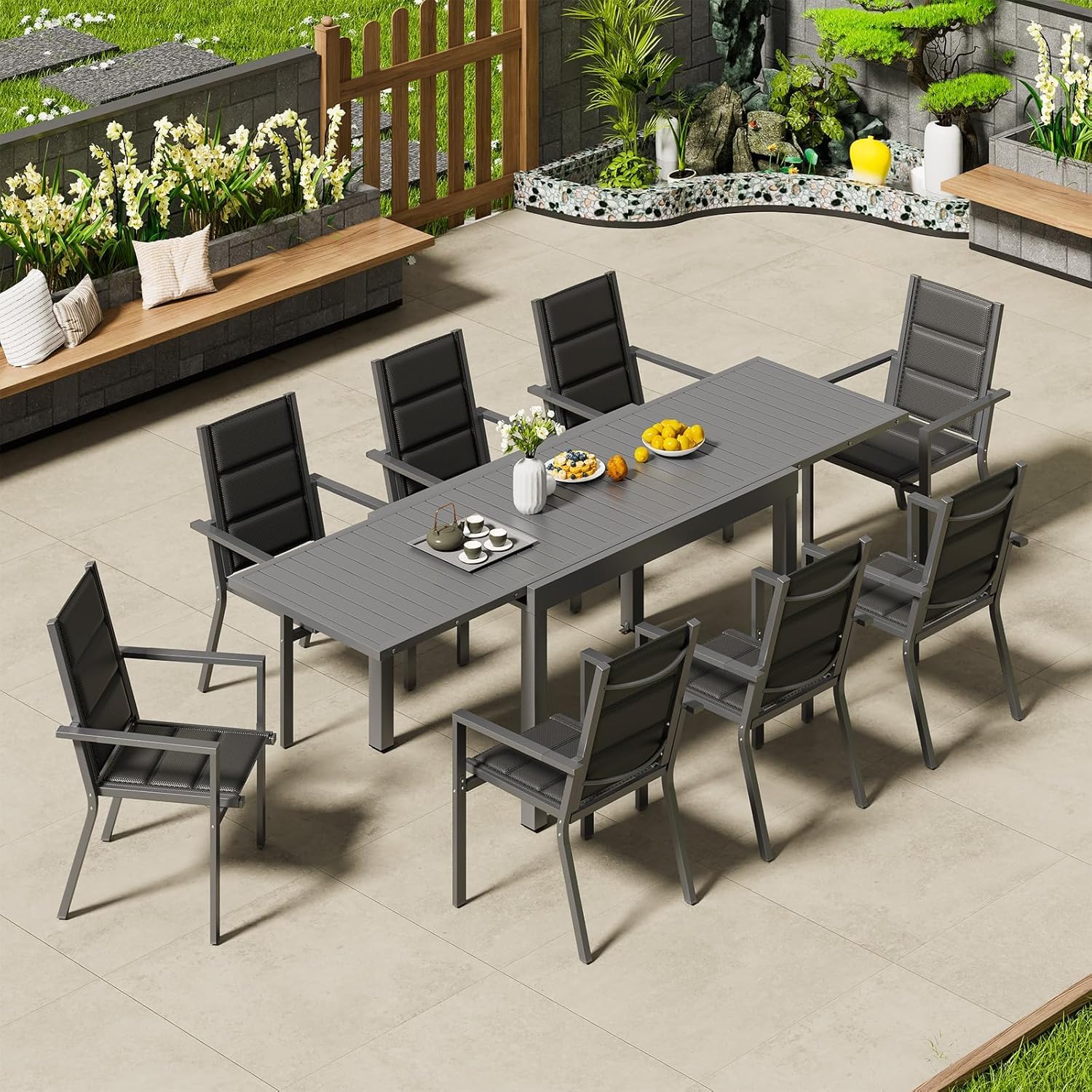 Devoko 6 Persone Set Tavolo e Sedie Da Giardino In Alluminio, 6 Sedie Impilabili e 1 130-260CM Tavolo Da Giardino Allungabile In Alluminio, Set Da Giardino Esterno, Grigio Scuro