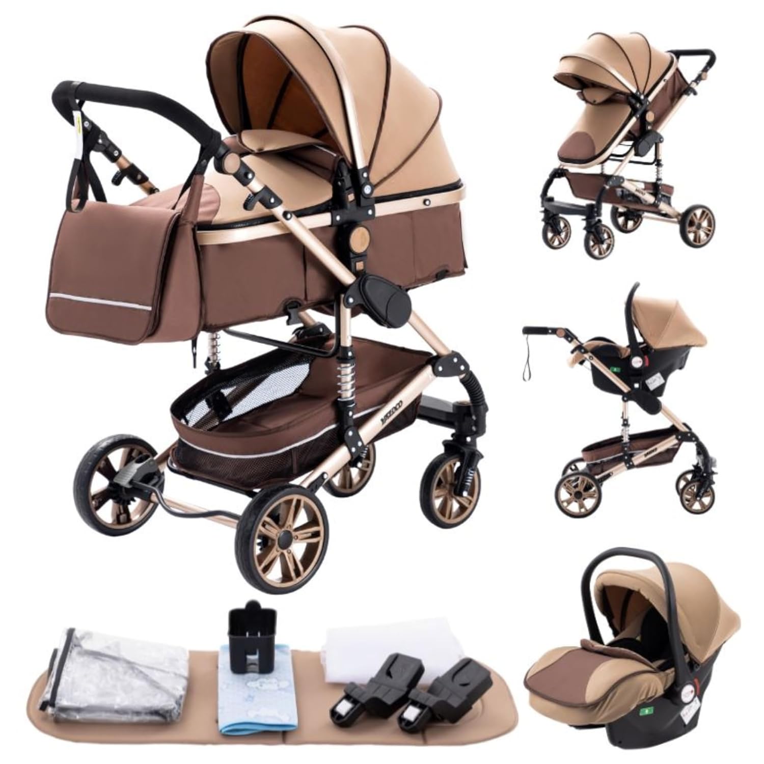 YAZOCO kinderwagen 3 in 1, Zusammenklappbar kinderwagen mit Wickeltasche,Komplettset Becherhalter,Moskitonetz, Fußabdeckung,Sitzzubehör (4 Rosa)