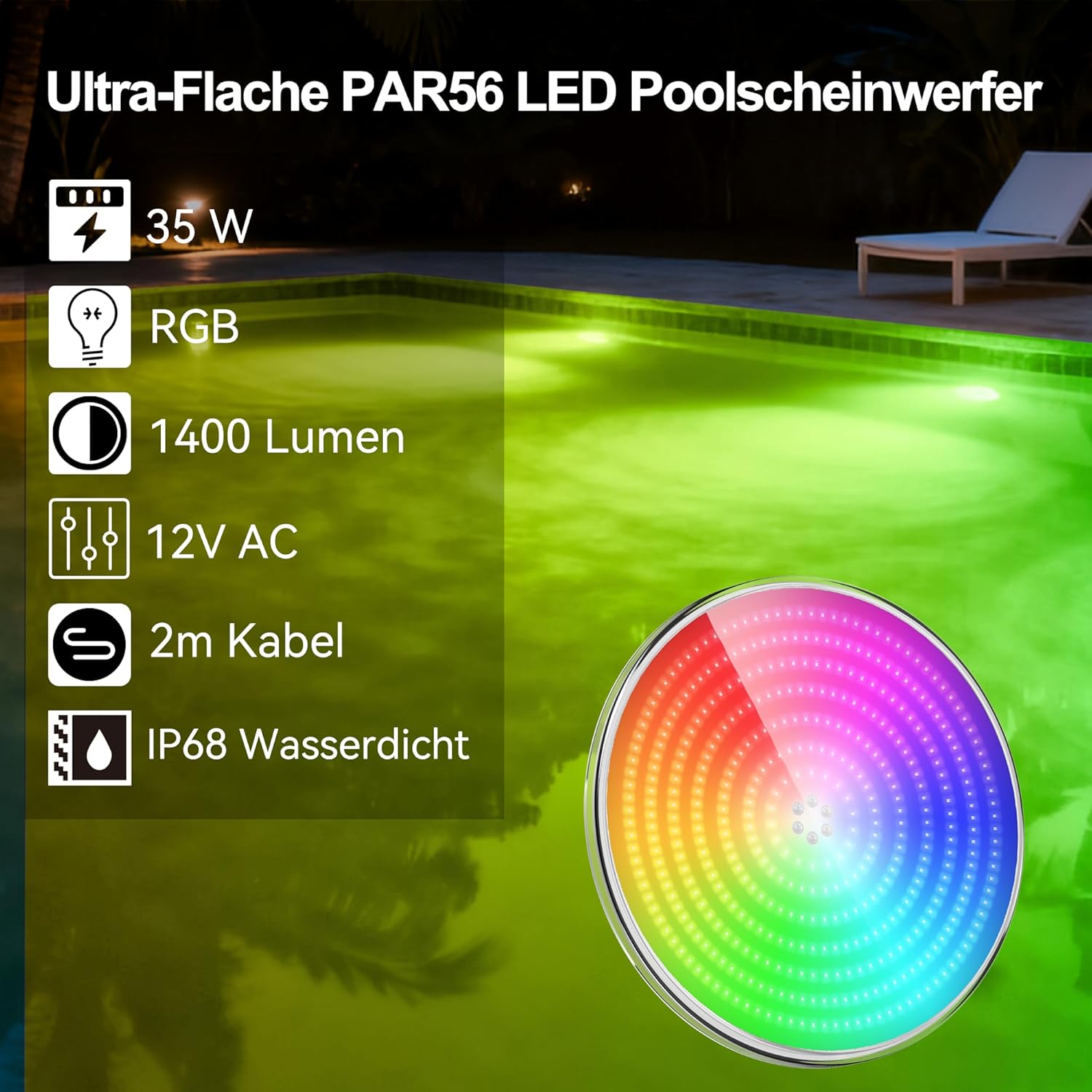LyLmLe Harz Gefüllt LED Poolbeleuchtung PAR56, 35W Ultraflach RGB Farbwechsel Poolscheinwerfer Externe Synchronisation mit Fernbedienung, Dimmbar Schwimmbad Lampe,IP68 Wasserdicht, 12V AC(2er-Pack)