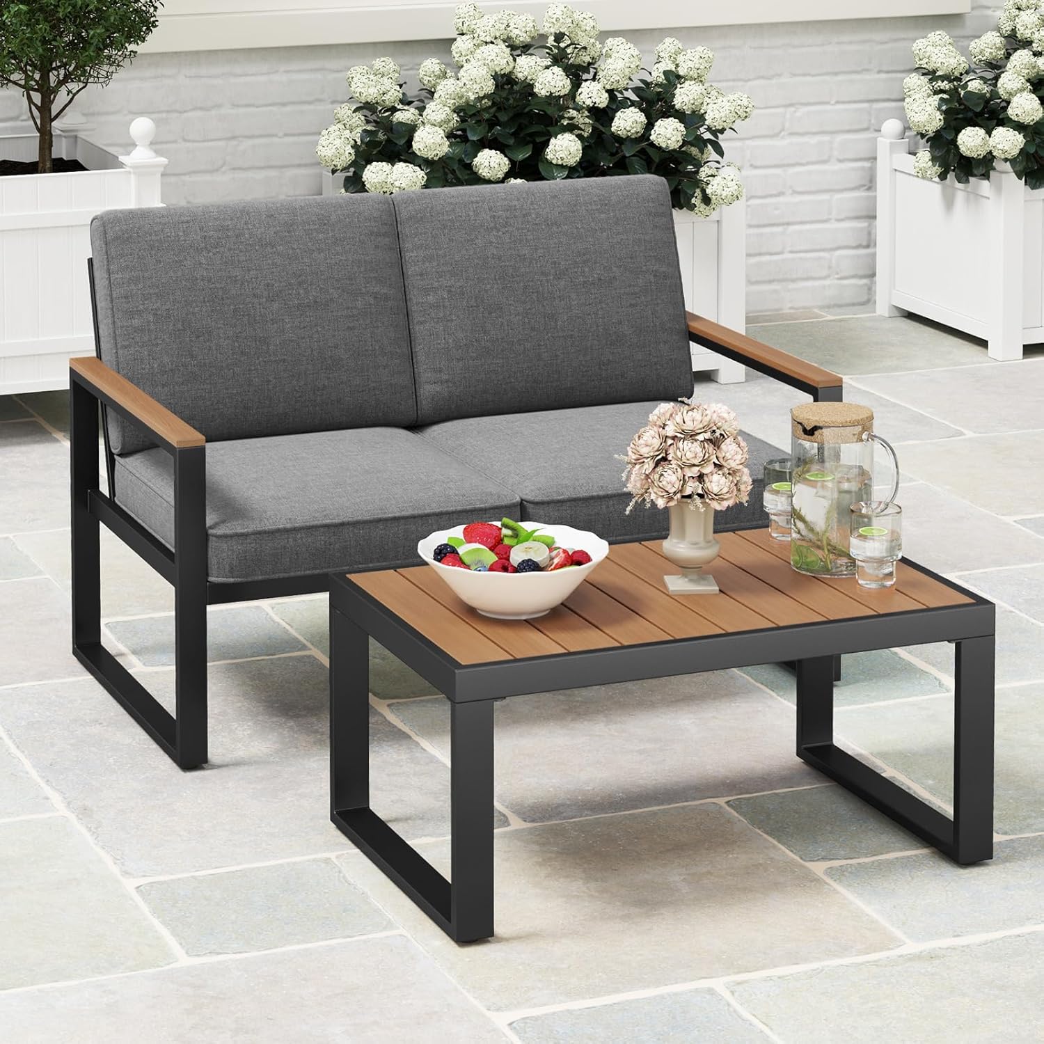GIANTEX Set di mobili da giardino da balcone, resistente alle intemperie, con telaio in alluminio, set da 2 posti, divano e tavolino da caffè, con cuscino, set da balcone per 2 persone, set da