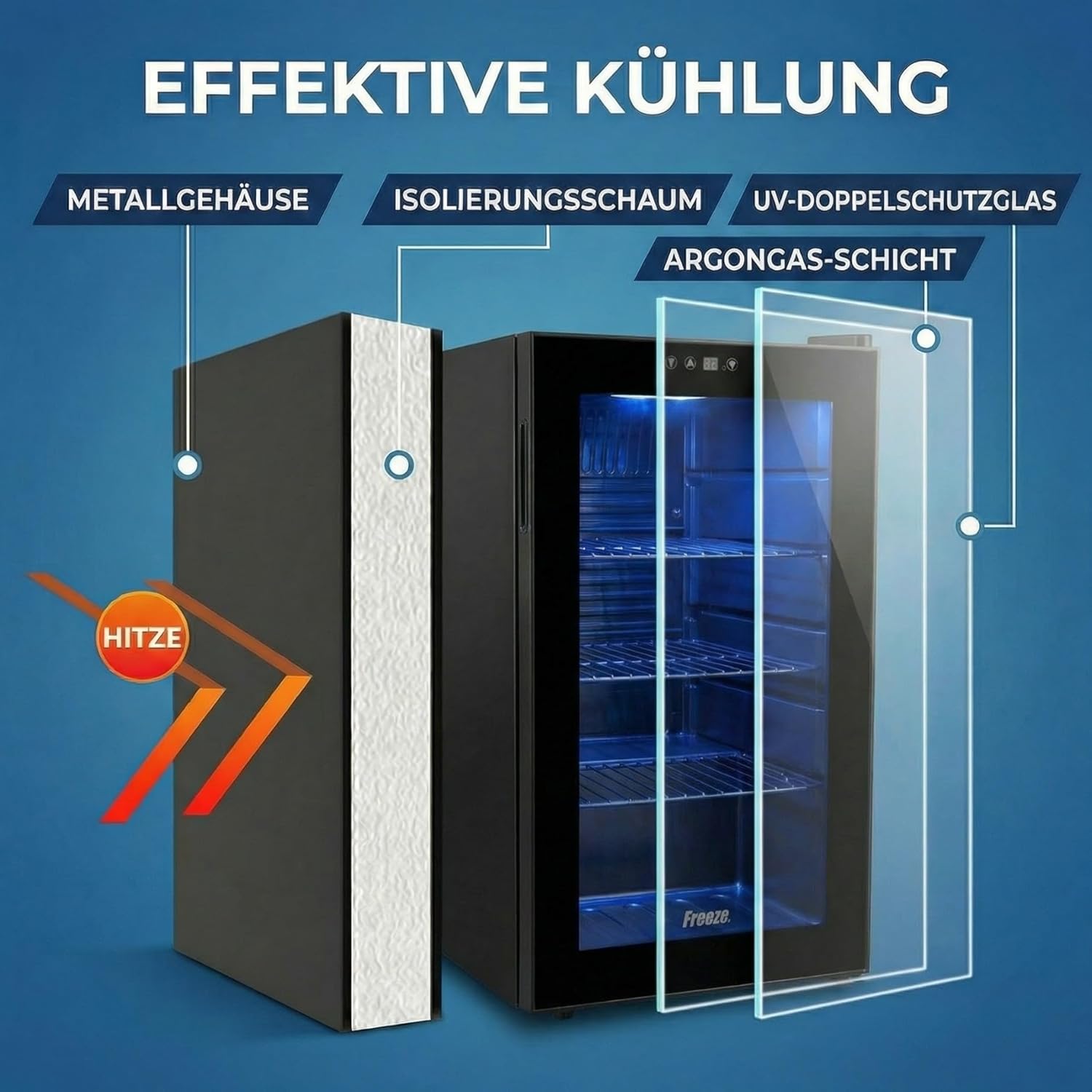 FREEZE. 70L Getränkekühlschrank, Mini-Kühlschrank für 126 Dosen, Glastürkühlschrank, Weinkühler, kleiner Kühlschrank mit Glastür und verstellbaren Regalen für Zuhause/Bar/Büro, frostfrei, Schwarz
