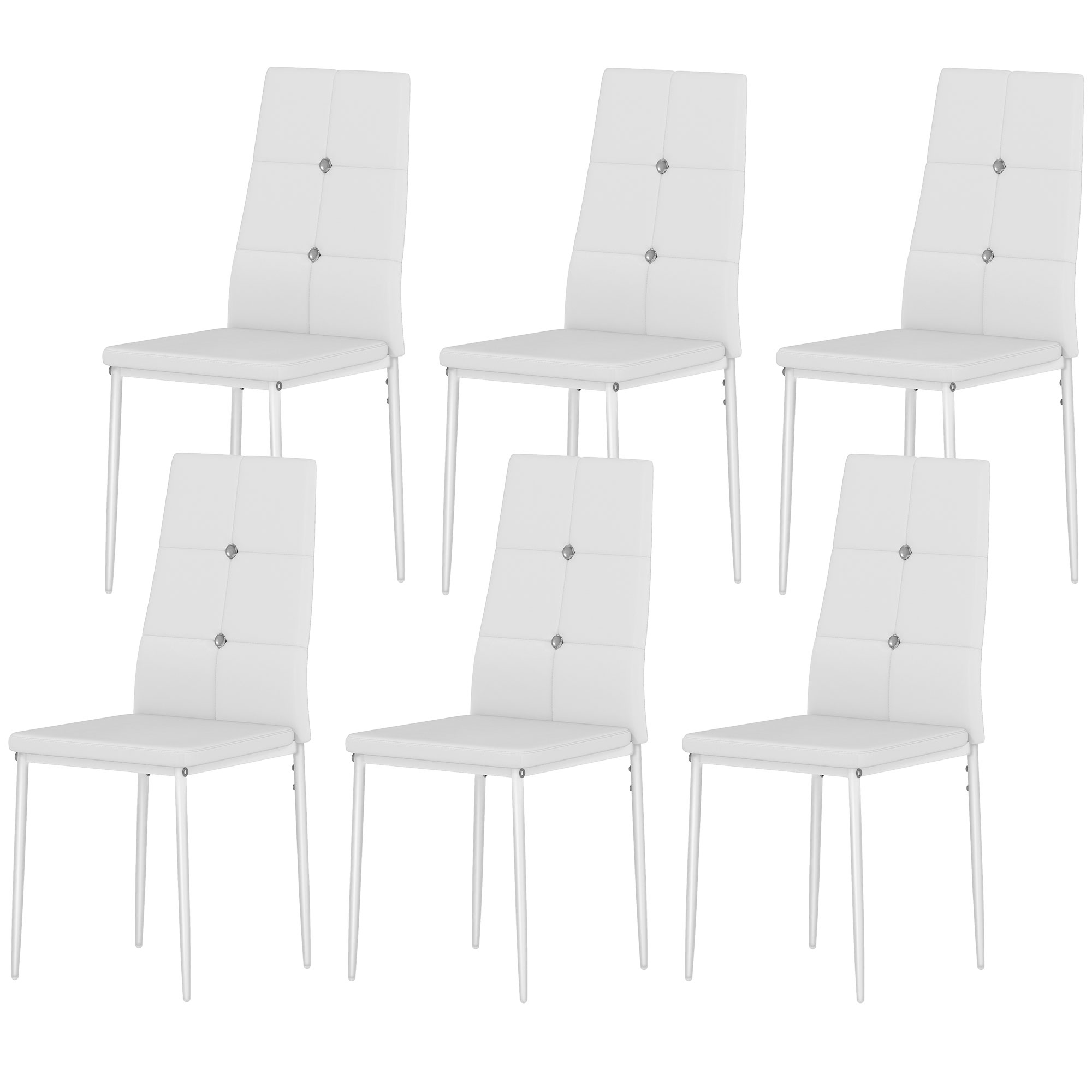 HOMCOM Set mit 6 Esszimmerstühlen mit PU-Bezug hohe Rückenlehne mit Kristallknöpfen und Stahlbeinen Modernes Design Weiß