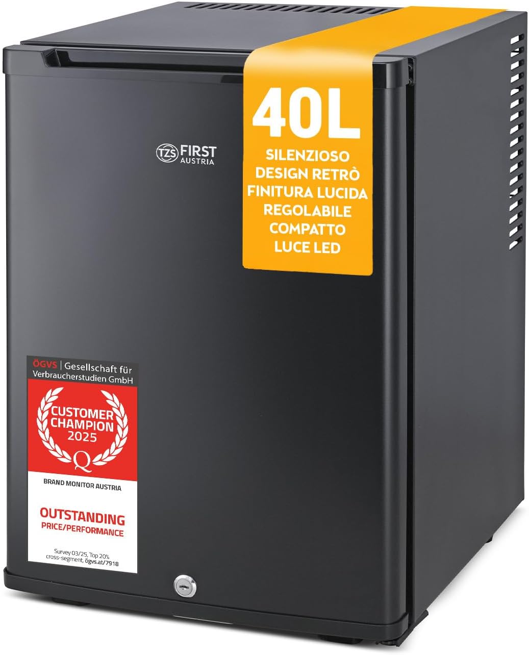 TZS First Austria Mini Fridge 40L | Completely Silent | Reversible Door Hinge | Interior Lighting | Glass Design | Minibar for Camping, Office, Hotel and Bedroom - Black