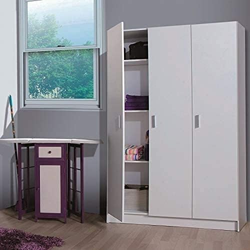 Wardrobe with 3 Doors and 5 Shelves Multipurpose Cabinet Space Saving Broom Holder Column Entrance Bedroom Storage Garage Modern Design 109 x 180 x 37 cm White
