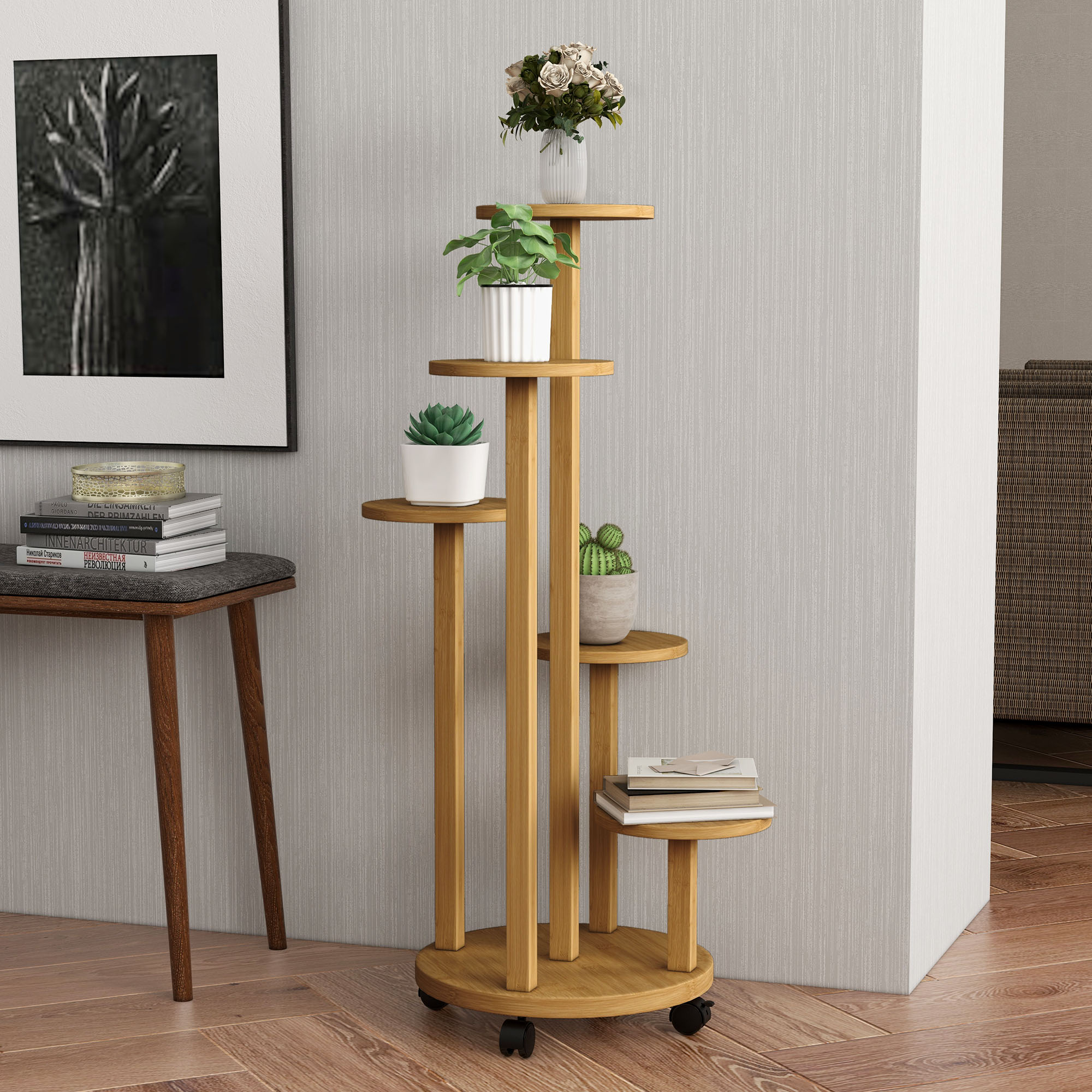 Outsunny Pflanzenregal aus Bambus runde Blumenregale Blumentopfständer 5 Ebenen Naturholz