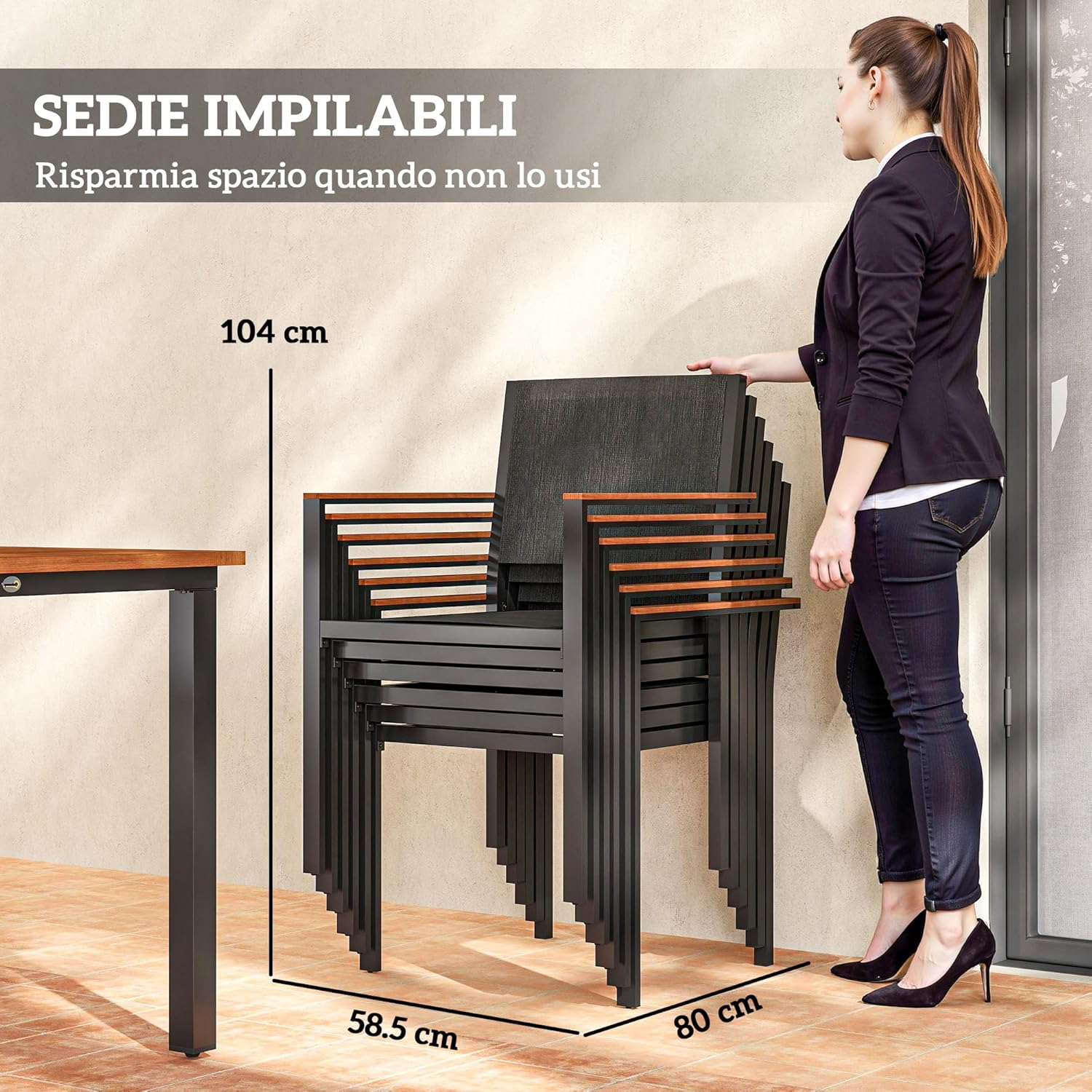 Outsunny Set Tavolo e Sedie da Esterno da 7 Pezzi, Set da Pranzo con Tavolo e 6 Sedie Impilabili con Braccioli, Mobili da Esterno in Acciaio, Texteline e Legno di Acacia per Terrazza, Teak