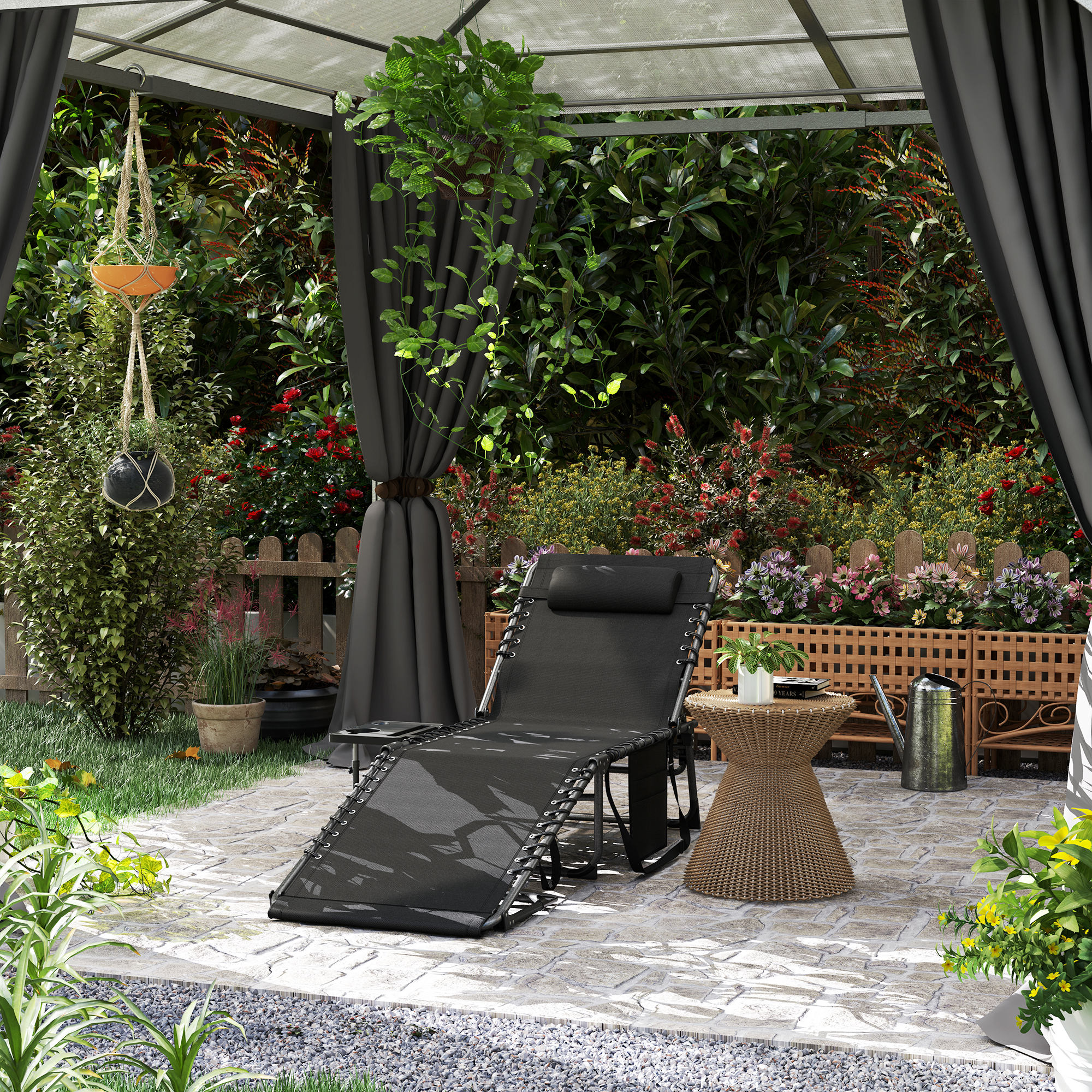 Outsunny Sonnenliege klappbar verstellbare Rückenlehne auf 5 Stufen, Tablett, Kopfkissen, Seitentasche 60 x 190 x 31 cm, Schwarz