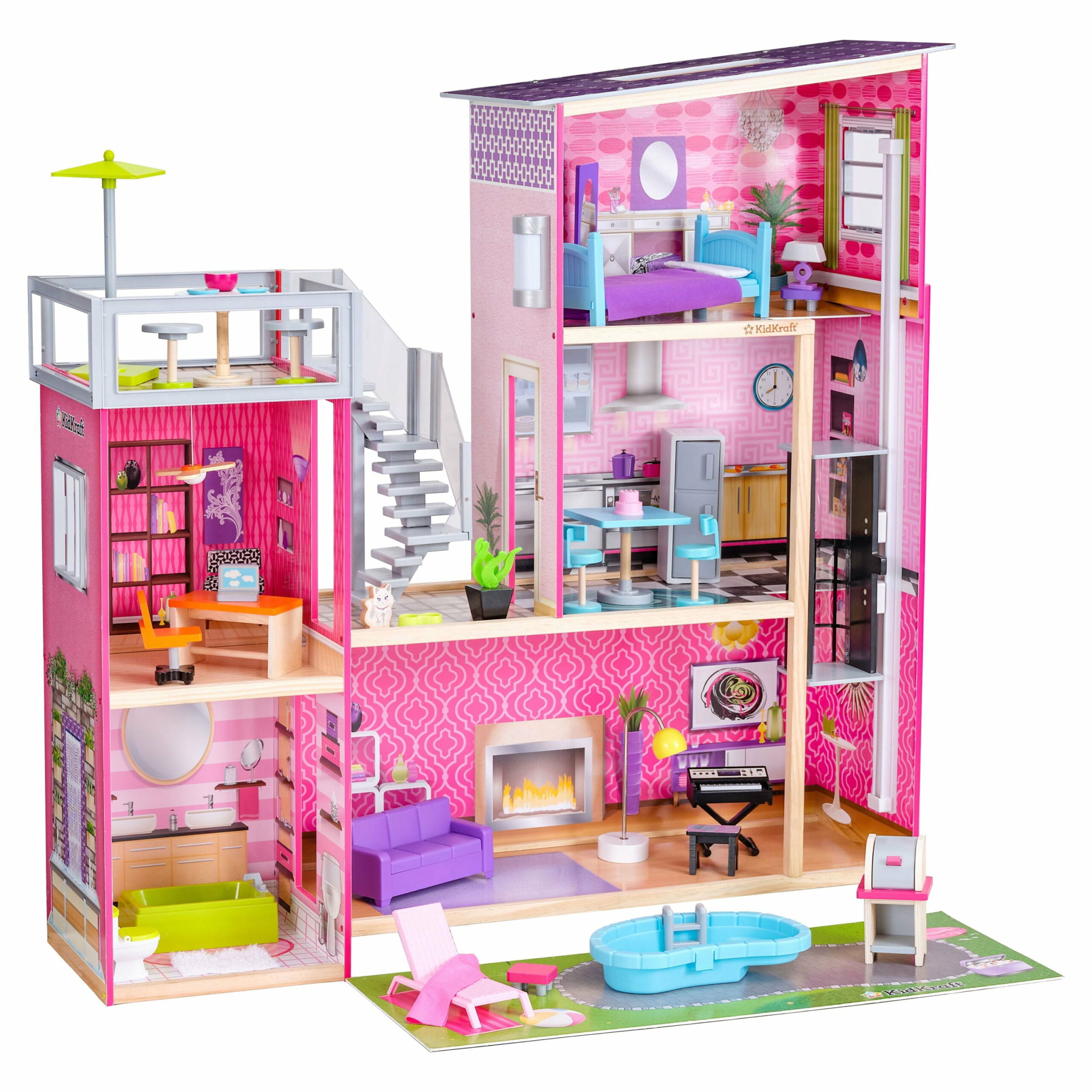 KidKraft Uptown Wooden Dollhouse, 3 Levels, 36 Accessories, Ages 4 , Interactive Lights & Sounds