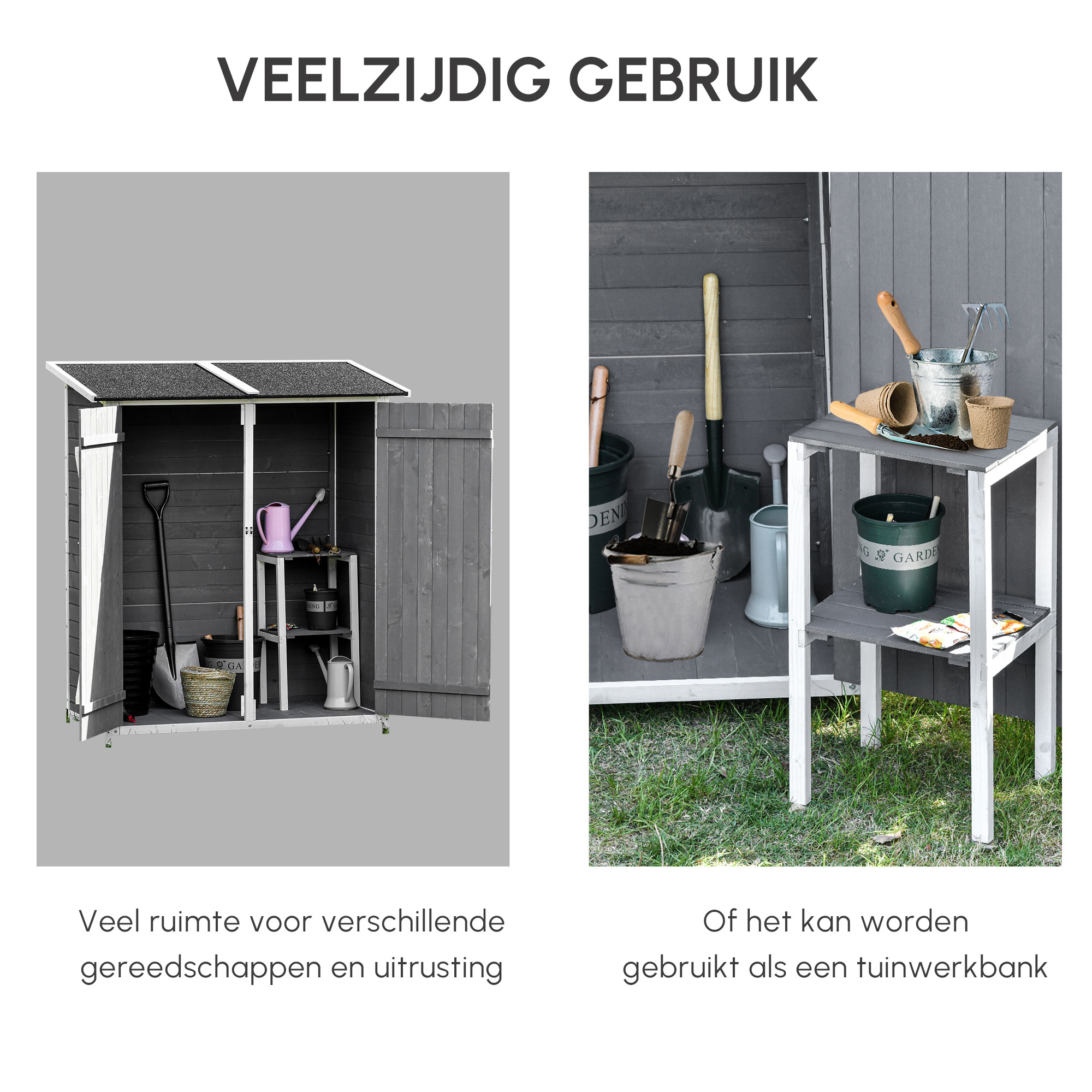 gereedschapsschuur met 2 deurs gereedschapskast met asfaltdak Tuin opbergkast anti-dumping design met grondspijkers dennenhout grijs + wit 139 x 75 x 160 cm