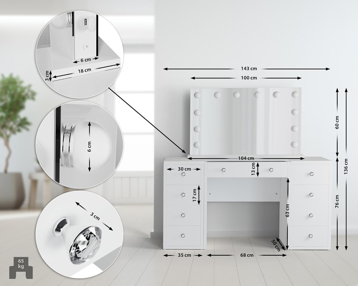 CLP Tiline Dressing Table with Mirror Hollywood I Cosmetic Table with LED Lighting I Table with 9 Drawers and USB Port, Colour: White