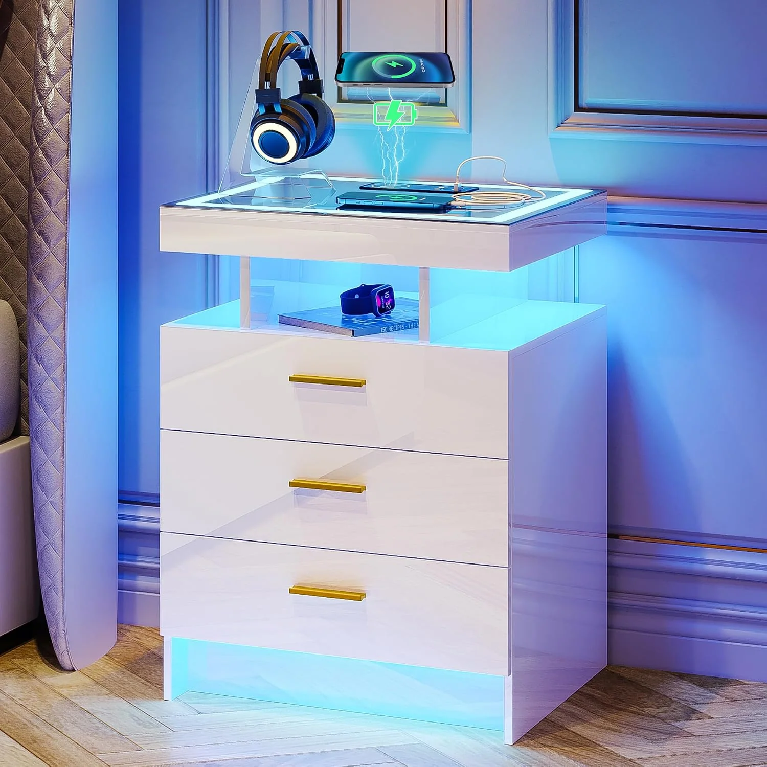 Led Nachttisch mit Ladefunktion und 3 Schubladen für Schlafzimmer Weiß