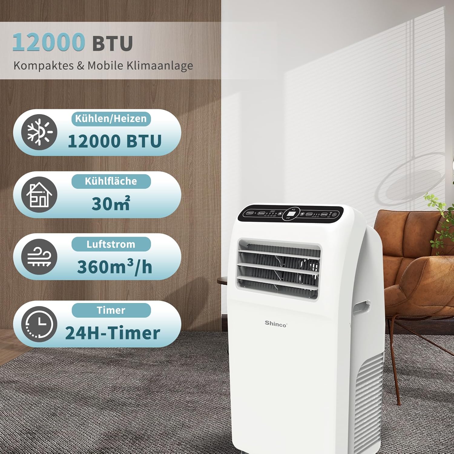 SHINCO Mobile Klimaanlage mit Abluftschlauch, 9000BTU, 2,6 kW, Kühlen&Ventilieren&Entfeuchten, Mobiles Klimagert mit Schlafmodus, Raumgre bis 22㎡, 24-Stunden-Timer