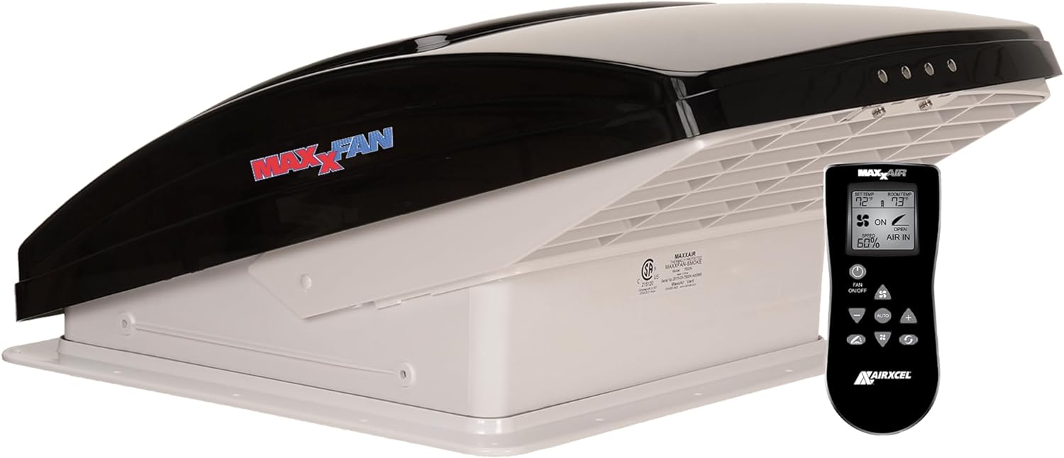 MaxxFan Deluxe Roof Vent with Remote Control, Smoke Black &ndash; Ventilation Fan for RVs
