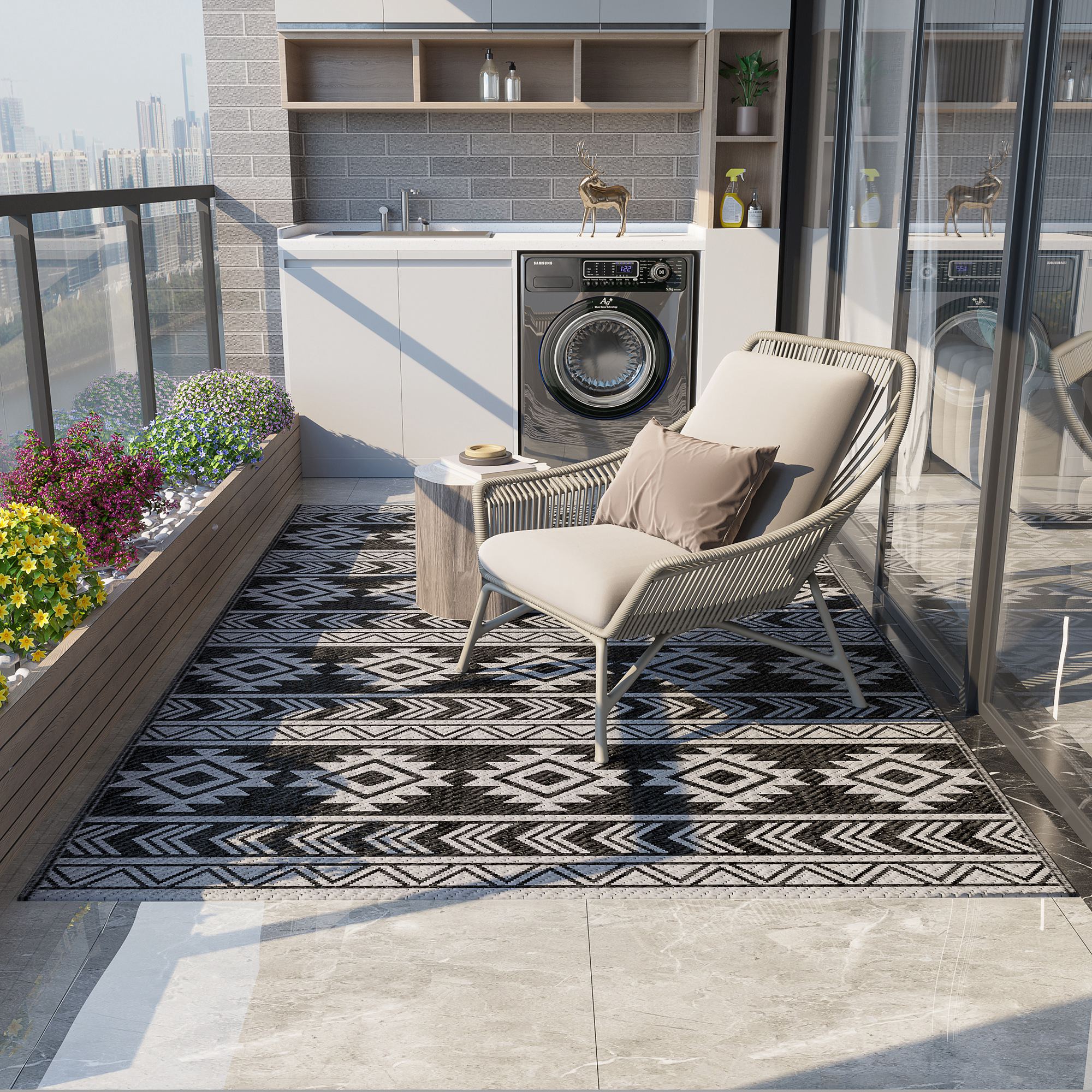 Outsunny Outdoor-Teppich, wasserdicht, doppelseitiges Design, hochwertige Kunststofffaser, schwarz+grau, 182 x 274cm