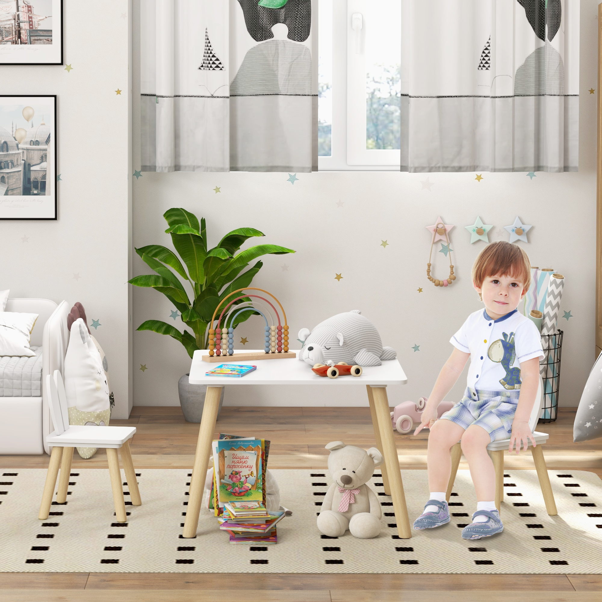 AIYAPLAY Kinder-Tisch- und 2-Stühle-Set skandinavisches Design mit Hasenohrenmuster Kieferholz Weiß