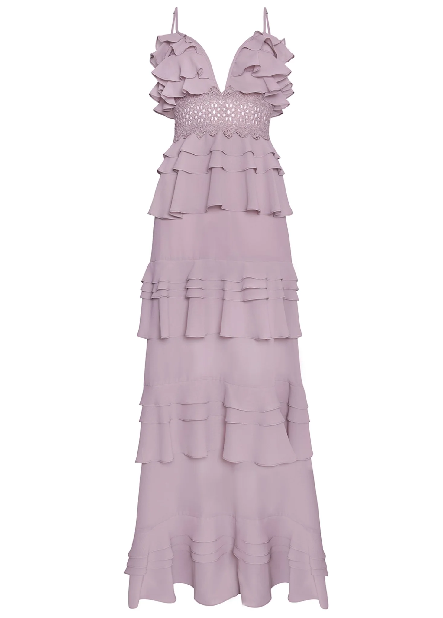 Sophia Dusty Lilac Plunge Front Strappy Tiered Ruffle Maxi Dress