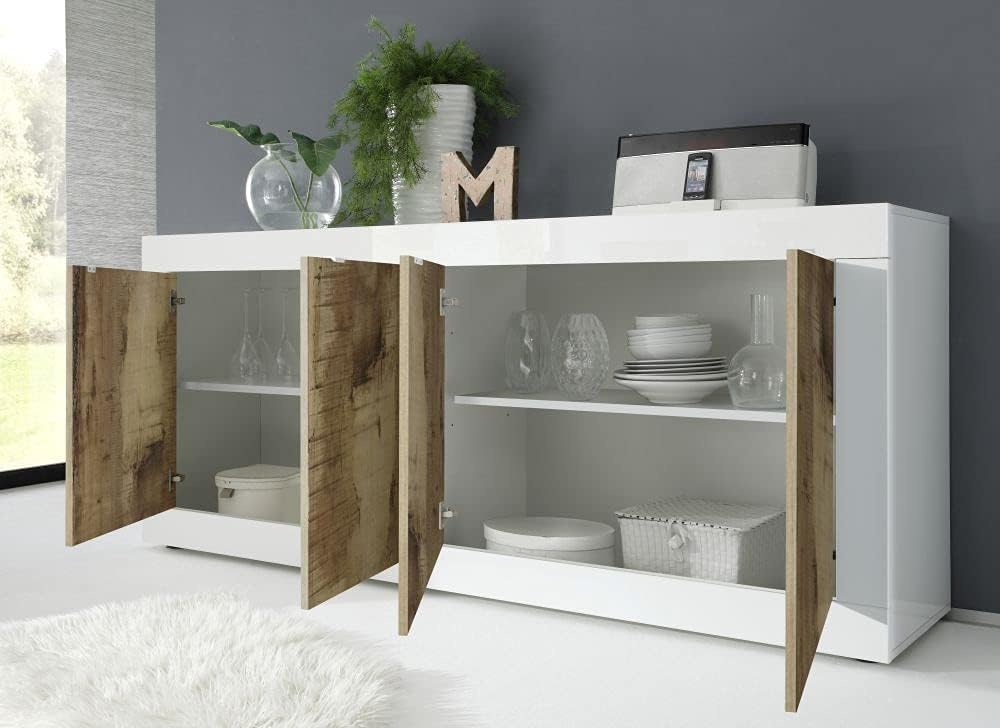 Web Convenienza Madia con 4 Ante Made in Italy – Credenza Contenitore Collezione Basic per Soggiorno Cucina Ingresso Sala da Pranzo Mobile Design moderno originale Bianco Laccato Lucido e Pero
