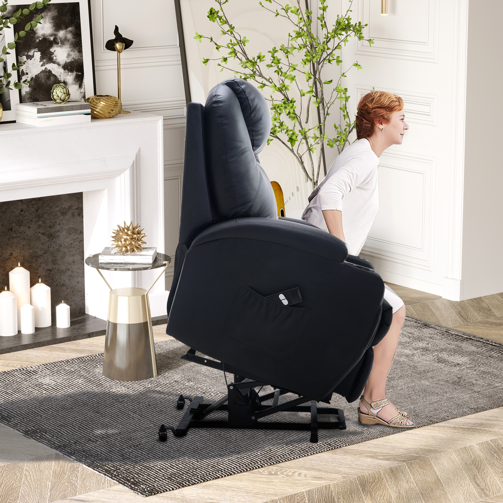 HOMCOM Fernsehsessel mit Aufstehhilfe Elektrisch Relaxsessel mit Liegefunktion, TV-Sessel mit Becherhalter, Seitentasche und Fernbedienung, Kunstleder, Schwarz