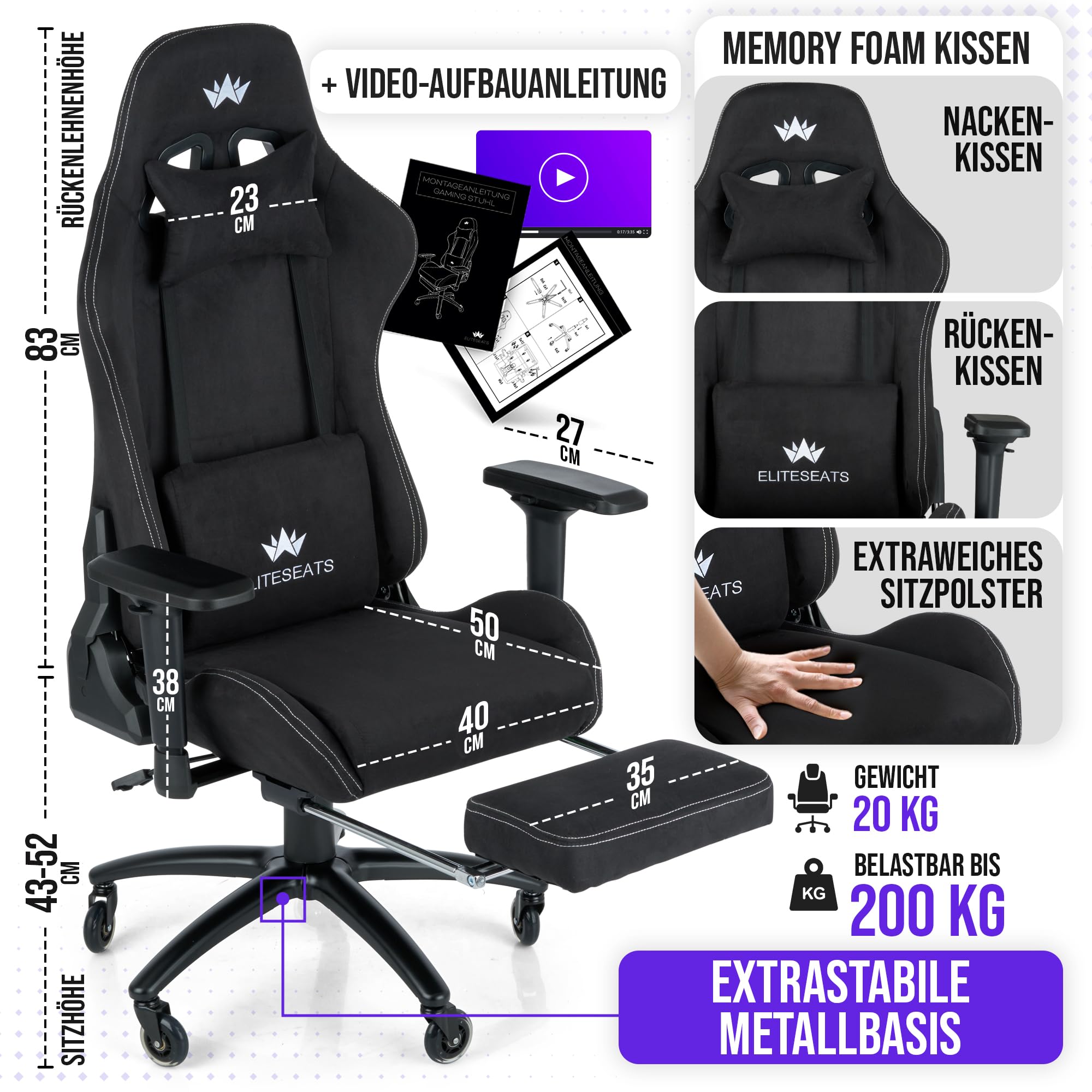 Gamingstuhl ergonomisch mit Fußstütze und 4D-Armlehnen, belastbar bis 150 kg, Schwarz