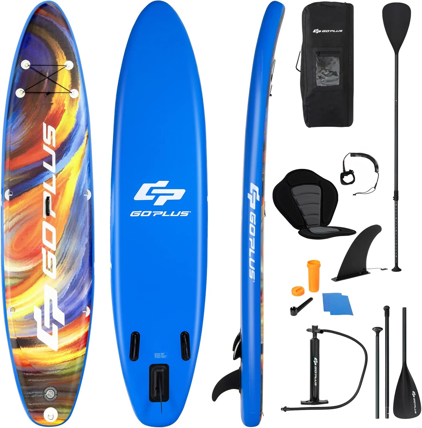 COSTWAY SUP Gonfiabile 320 cm Adulti, Stand Up Paddle Gonfiabile con Pagaia Regolabile, 9 Anelli a Forma di D, Zaino, Pompa, Cordino, Sedile e Triple Pinne, Carico 150 kg, 320 x 76 x 15 cm