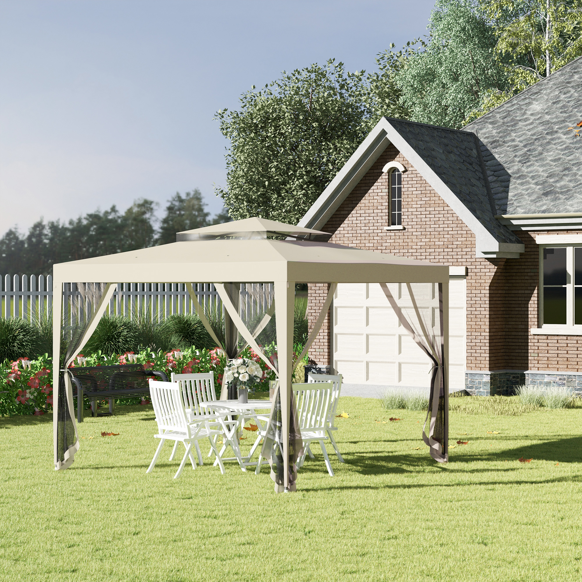 Outsunny Gartenpavillon 3L x 3B m mit 4 abnehmbaren Moskitonetzen - Doppeltes Dach - Beige