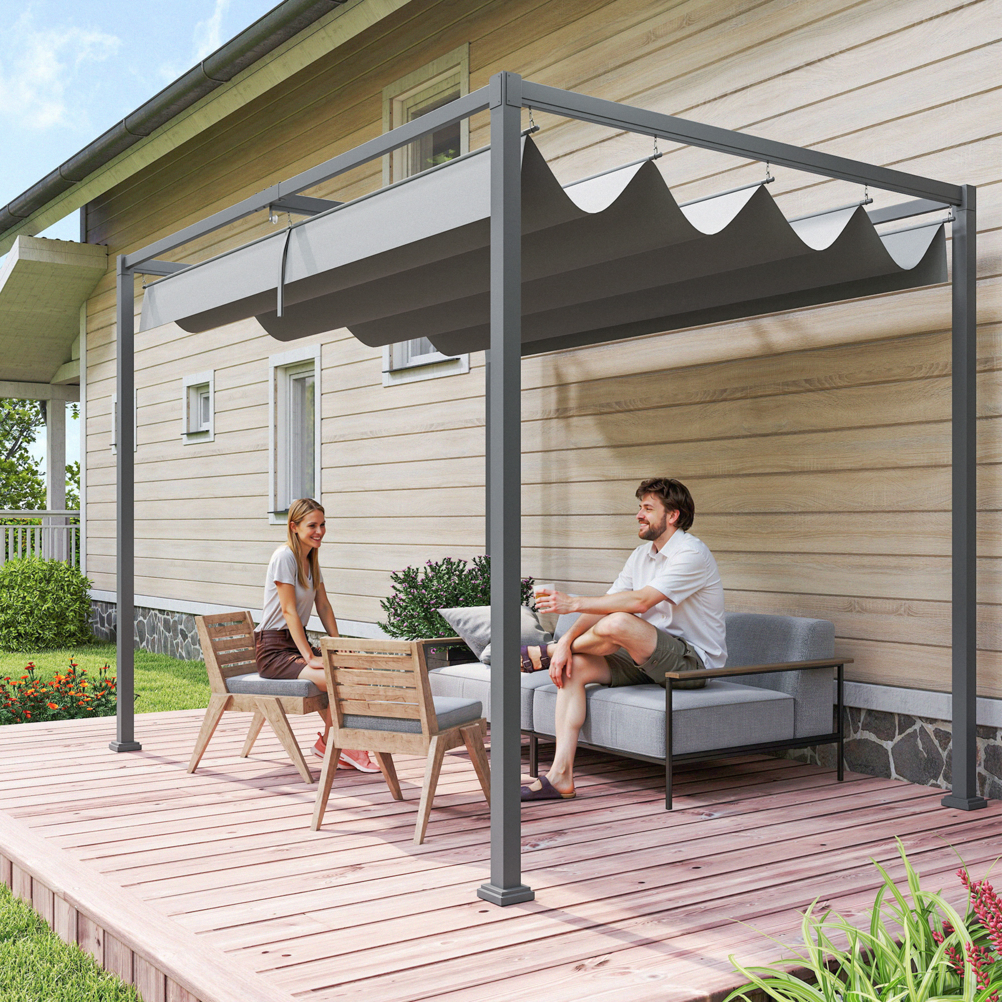 Outsunny Pergola Zonwering 300x200 cm, UV- en Waterbestendig, Grijs