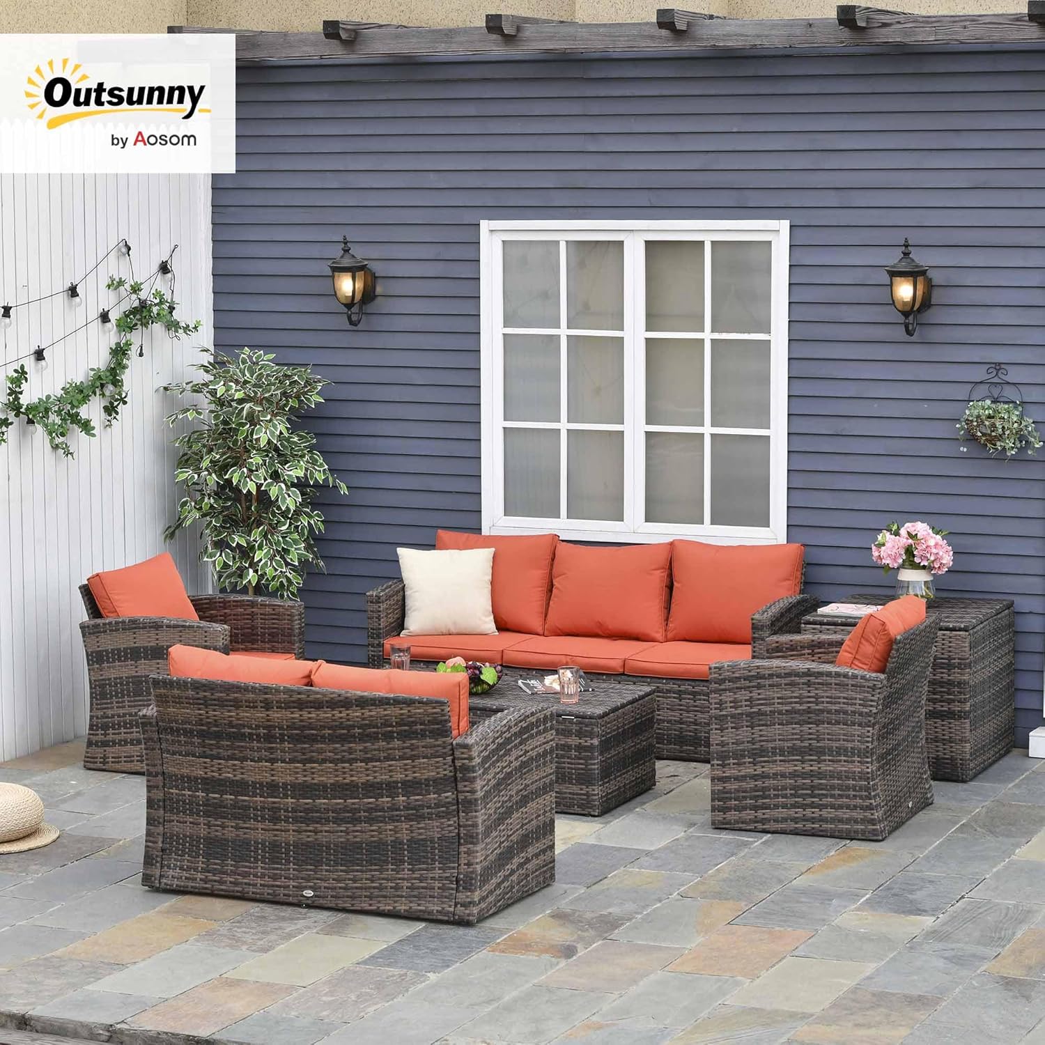 Outsunny Set Mobili da Giardino 6 Pezzi in Rattan, Salotto da Giardino con 2 Tavolini Contenitore, Divani e 2 Poltrone Imbottiti per 7 Persone, Marrone