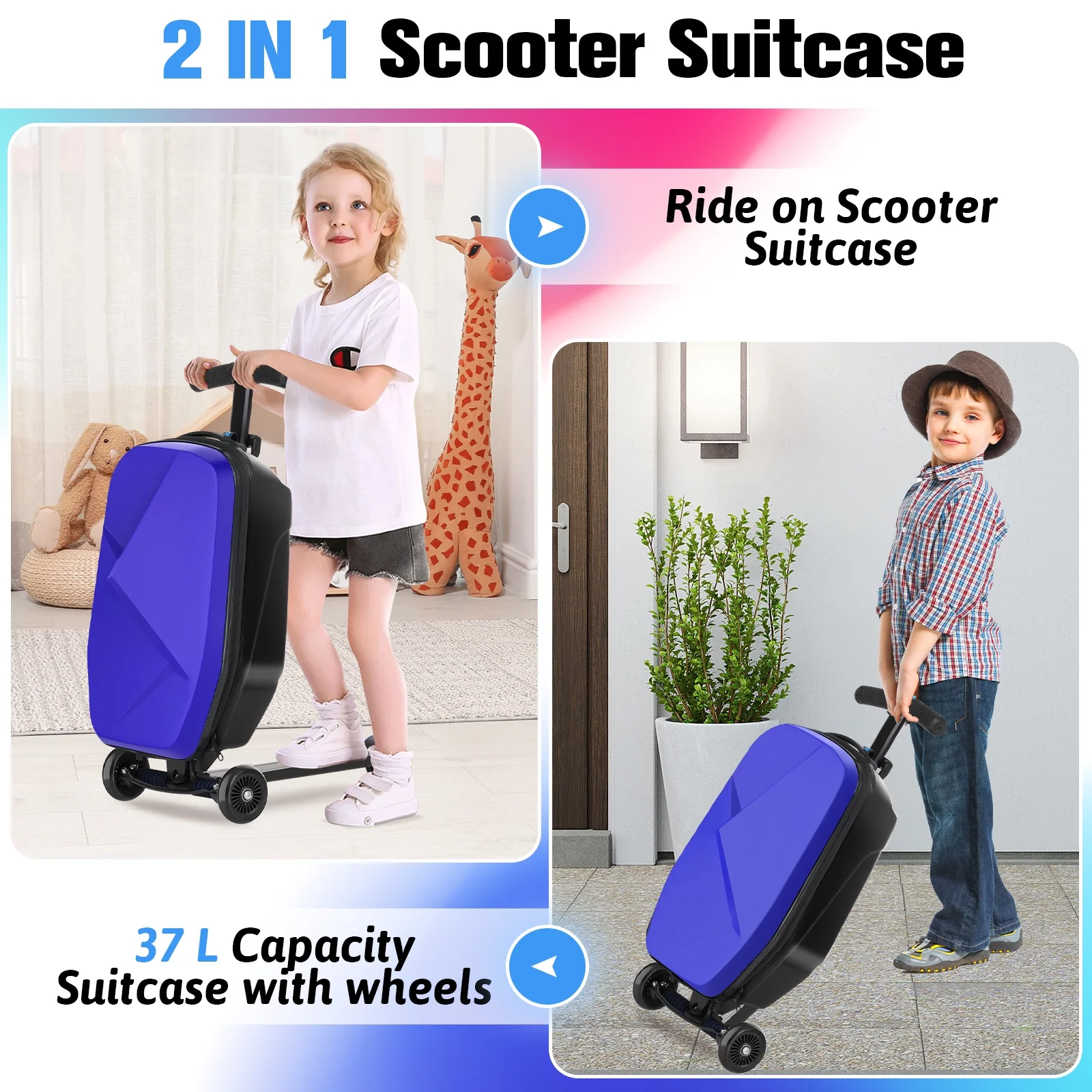 Advwin Scooter Luggage for Kids & Adults, Hardside Ride on Suitcase for Kids Ages 4-15 Multifunctional Lightweight Foldable Carry on Luggage with Wheels Ride on for Children Teenagers, Pink