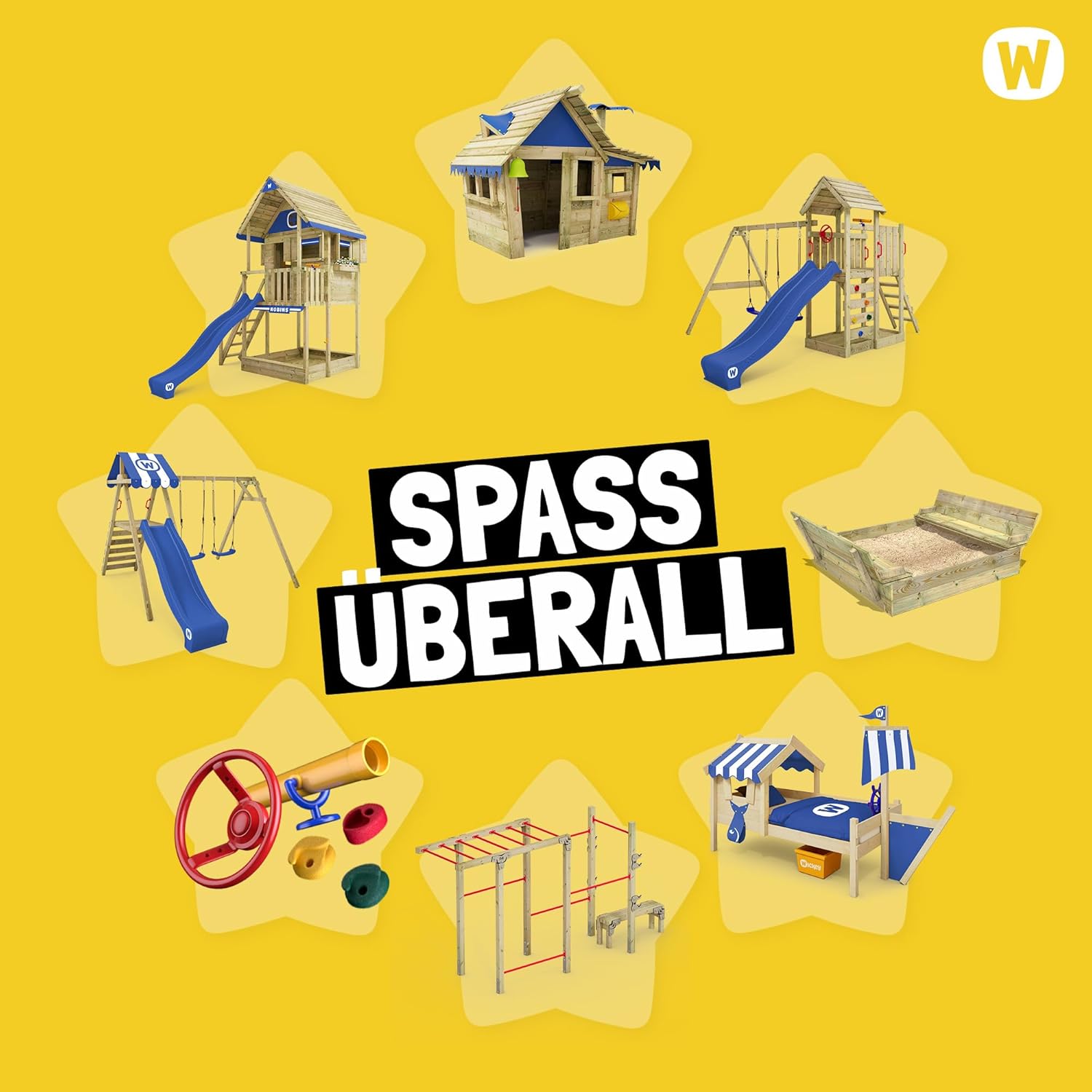 WICKEY Spielturm Klettergerüst MultiFlyer mit Holzdach, Schaukel & pastellgrüner Rutsche, Outdoor Kinder Kletterturm mit Sandkasten, Leiter & Spiel-Zubehör für den Garten