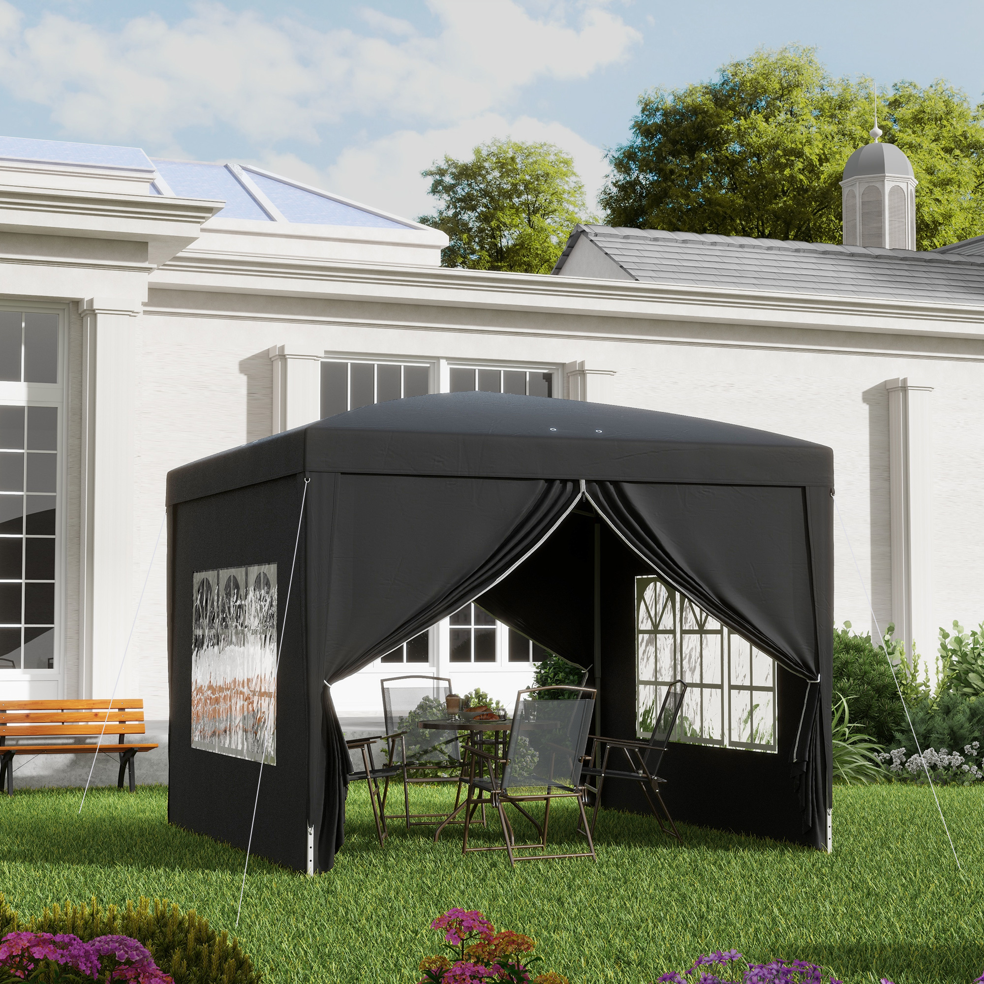 Outsunny 3 x 3 m Pavillon mit 4 Seitenwänden, Fenster, Festzelt mit UV-Schutz, Gartenzelt inkl. Tragetasche, Stahl, Schwarz