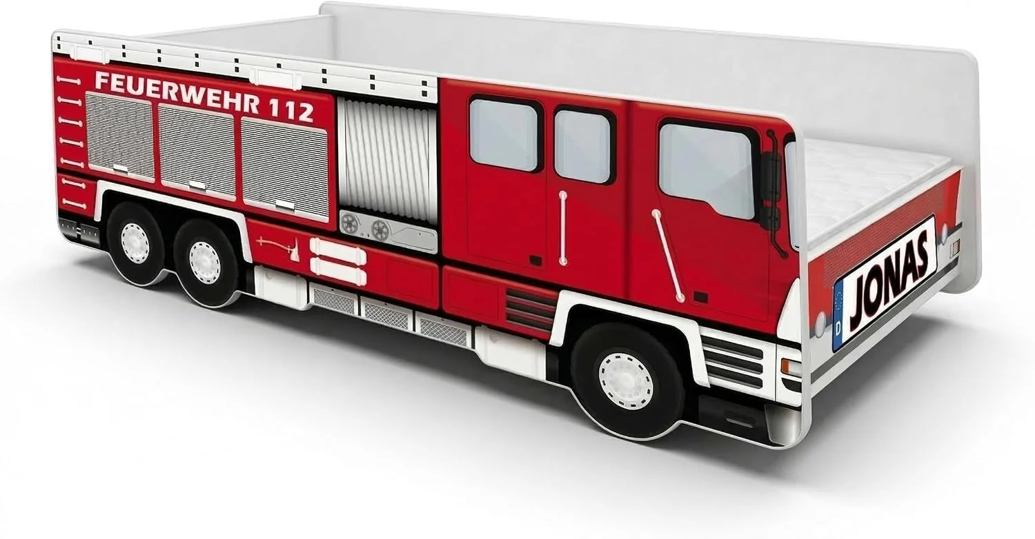 ACMA Feuerwehr-Autobett für Kinder mit Matratze und Lattenrost