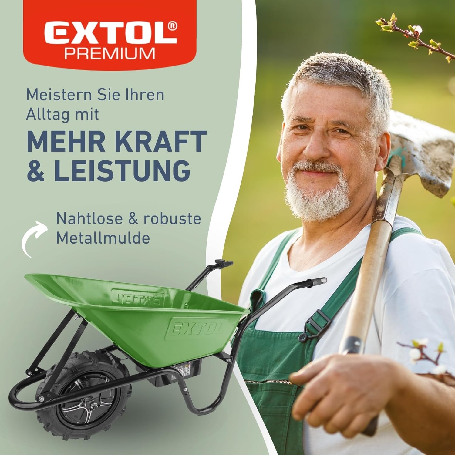 Extol Craft elektrische Schubkarre mit Akku, 500 W, 80 L Mulde & 150 kg Traglast, leistungsfähige Motorschubkarre, Offroad-taugliche Akkuschubkarre, mit Zwei 12V Blei Batterien