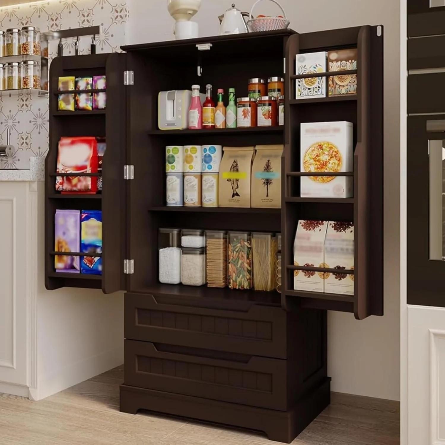 Gizoon Kitchen Pantry Storage Cabinet with Drawers Freestanding Bathroom Storage Cabinets with Doors and Shelves, 47