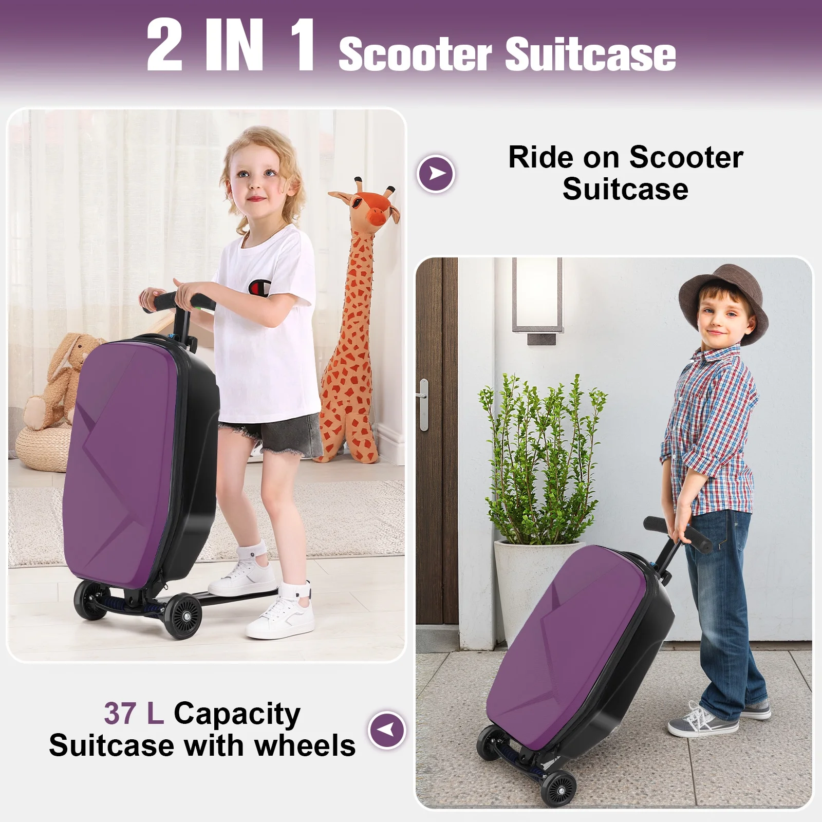 Advwin Scooter Luggage for Kids & Adults, Hardside Ride on Suitcase for Kids Ages 4-15 Multifunctional Lightweight Foldable Carry on Luggage with Wheels Ride on for Children Teenagers, Pink