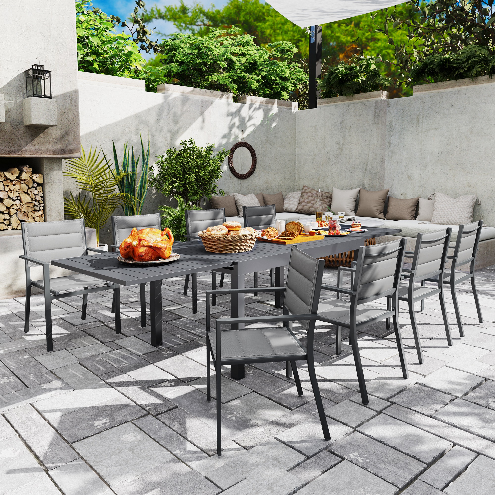 Outsunny Gartenmöbel-Set ausziehbarer Tisch 135-270 cm aus Aluminium und Textilene 6-10 Personen 8 stapelbare Stühle Grau