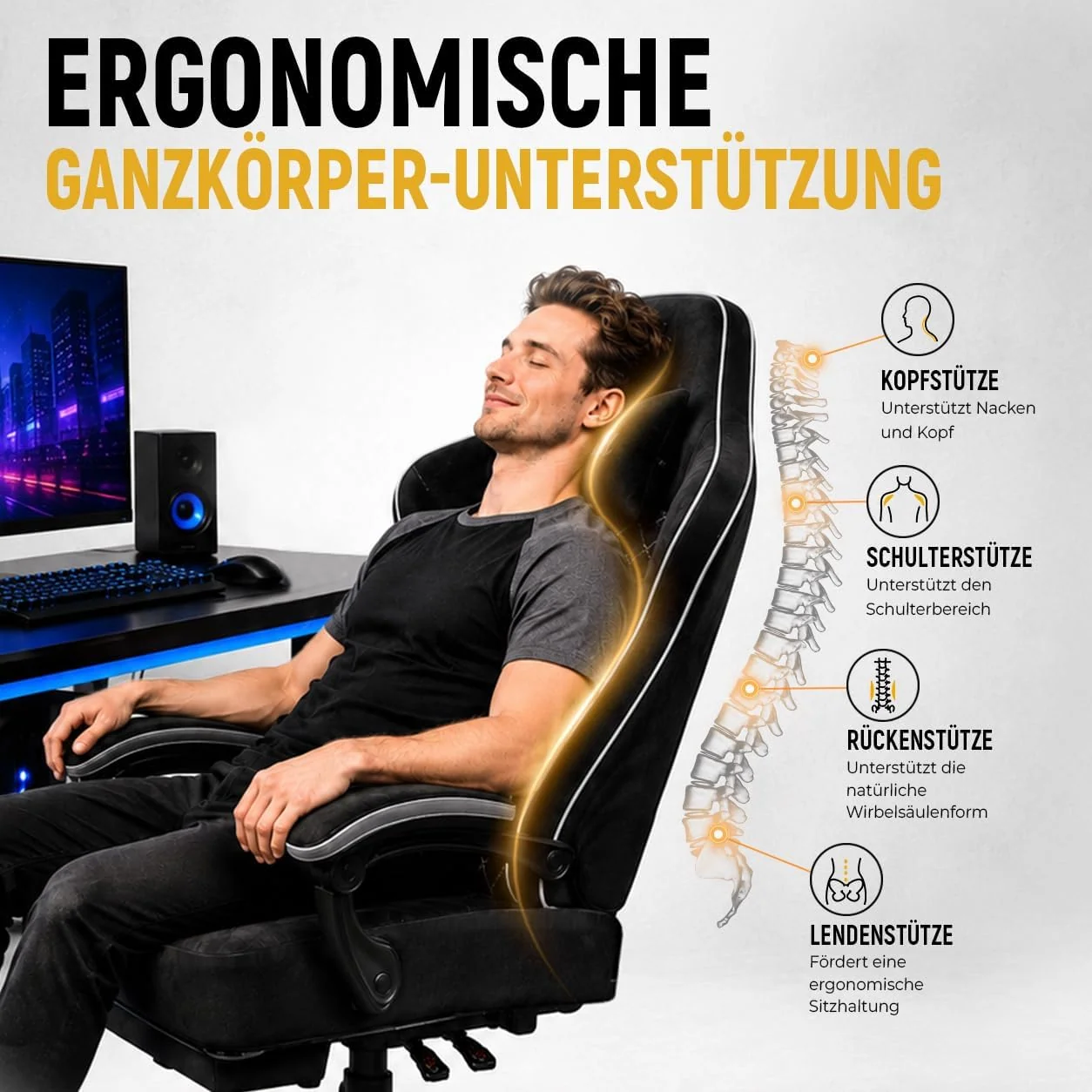 Gamingstuhl mit Taschenfeder-Sitzkissen, verstellbarer Rückenlehne und Fußstütze