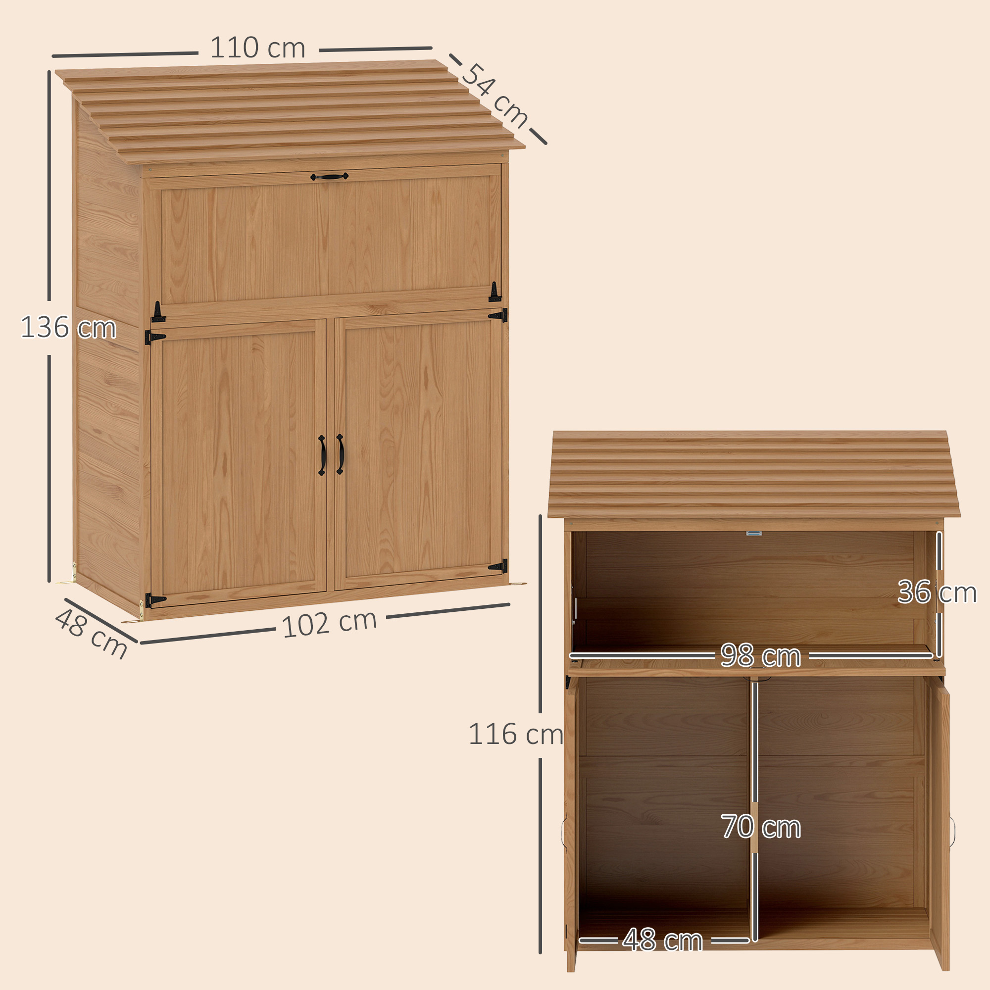 Tuinopbergkast met Uitklapbare Tafel, Werkzeugschuur met Dak 110 x 54 x 136 cm, Vurenhout, Bruin