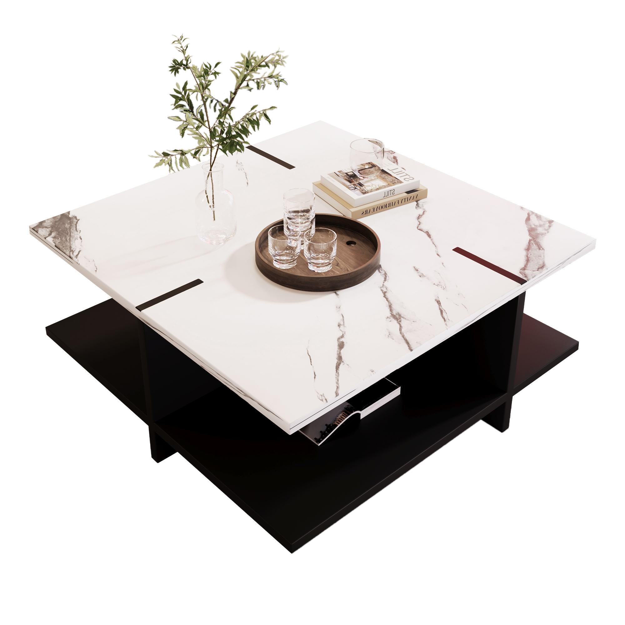 Quadratischer Couchtisch, modernes minimalistisches Design, weiße Marmoroptik, vier offene Ablagefächer, 72×72×31.5 cm，Schwarz Weiß