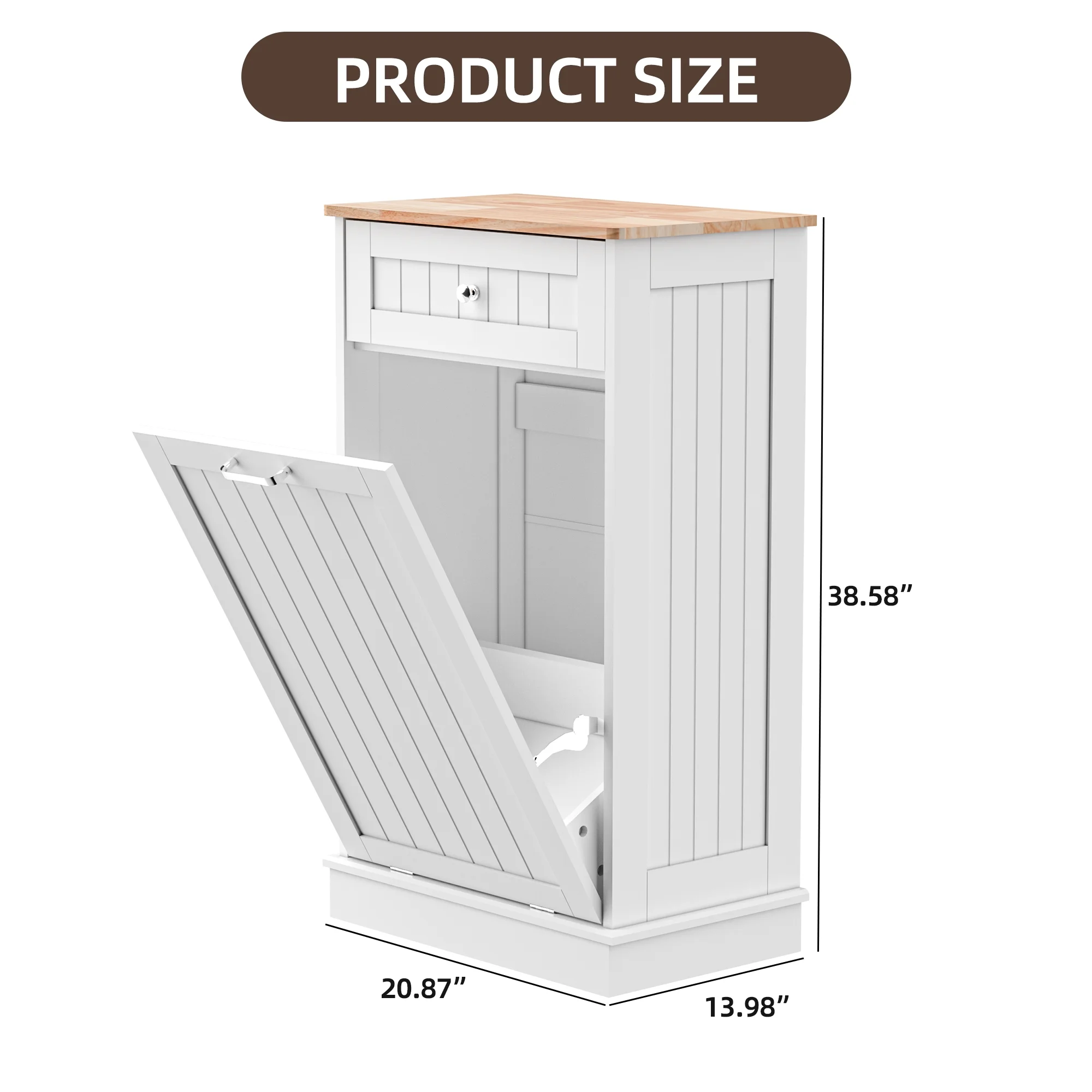 HARIPUL Single Tilt Out Trash Cabinet for 13 Gallon Waste Bin, Free Standing Kitchen Trash Can Cabinet with Drawers, White