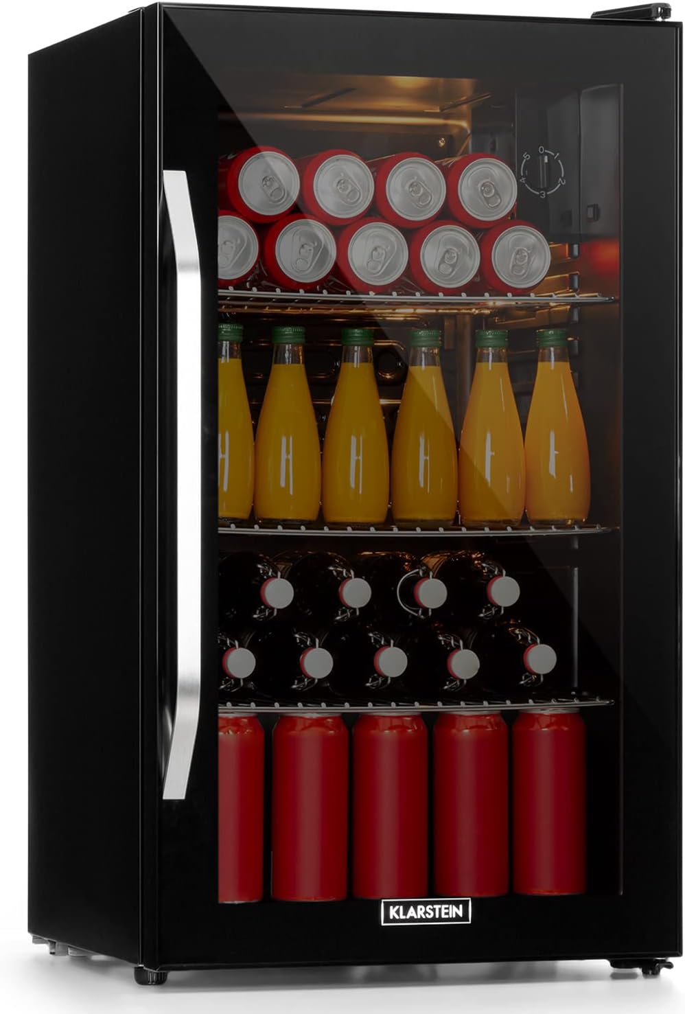 Klarstein Getränkekühlschrank, Kühlschrank Klein mit 3 Ablagen, Minikühlschrank Lautlos für Büro Camping Outdoor, mit Glastür, Mini Fridge 3-10°C, Bierkühlschrank 80 Liter, Schwarz