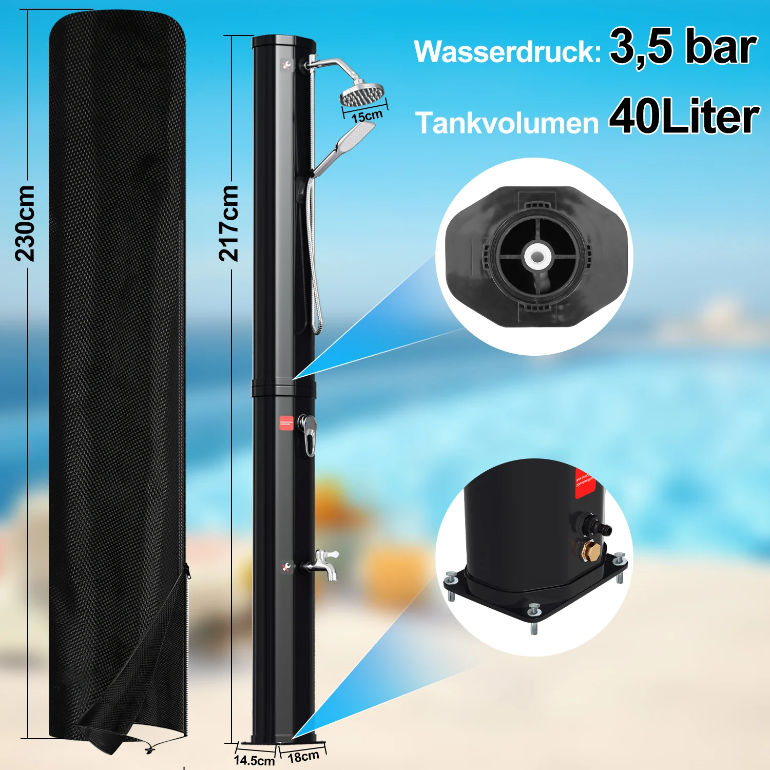 Sonnewelt Solardusche 40L Solardusche Gartendusche Inkl. Schutzhaube und Handbrause