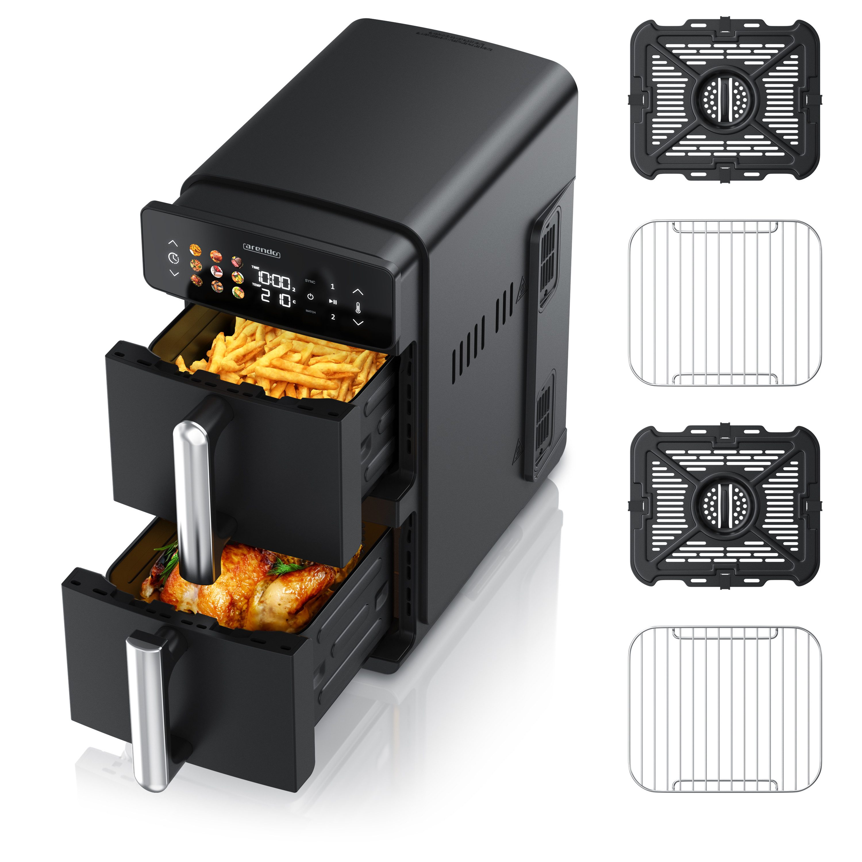Heißluftfritteuse mit 2 Kammern Übereinander, XXL Doppelkammer Airfryer 11L, Dual Zone