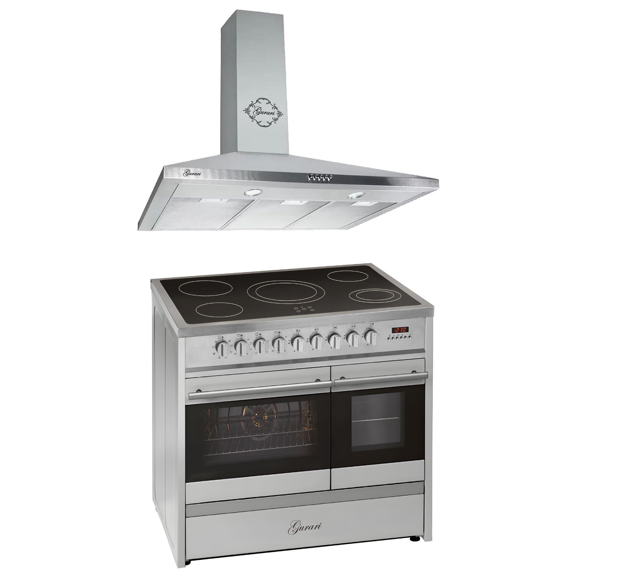 Elektro-Standherd 90 cm, Doppelbackofen, 5 Kochzonen, Range Cooker+Dunstabzugshaube 90 cm, aus Edelstahl, 1000m³/h GCH E 912 DF X+GCH 147 IS 9 N