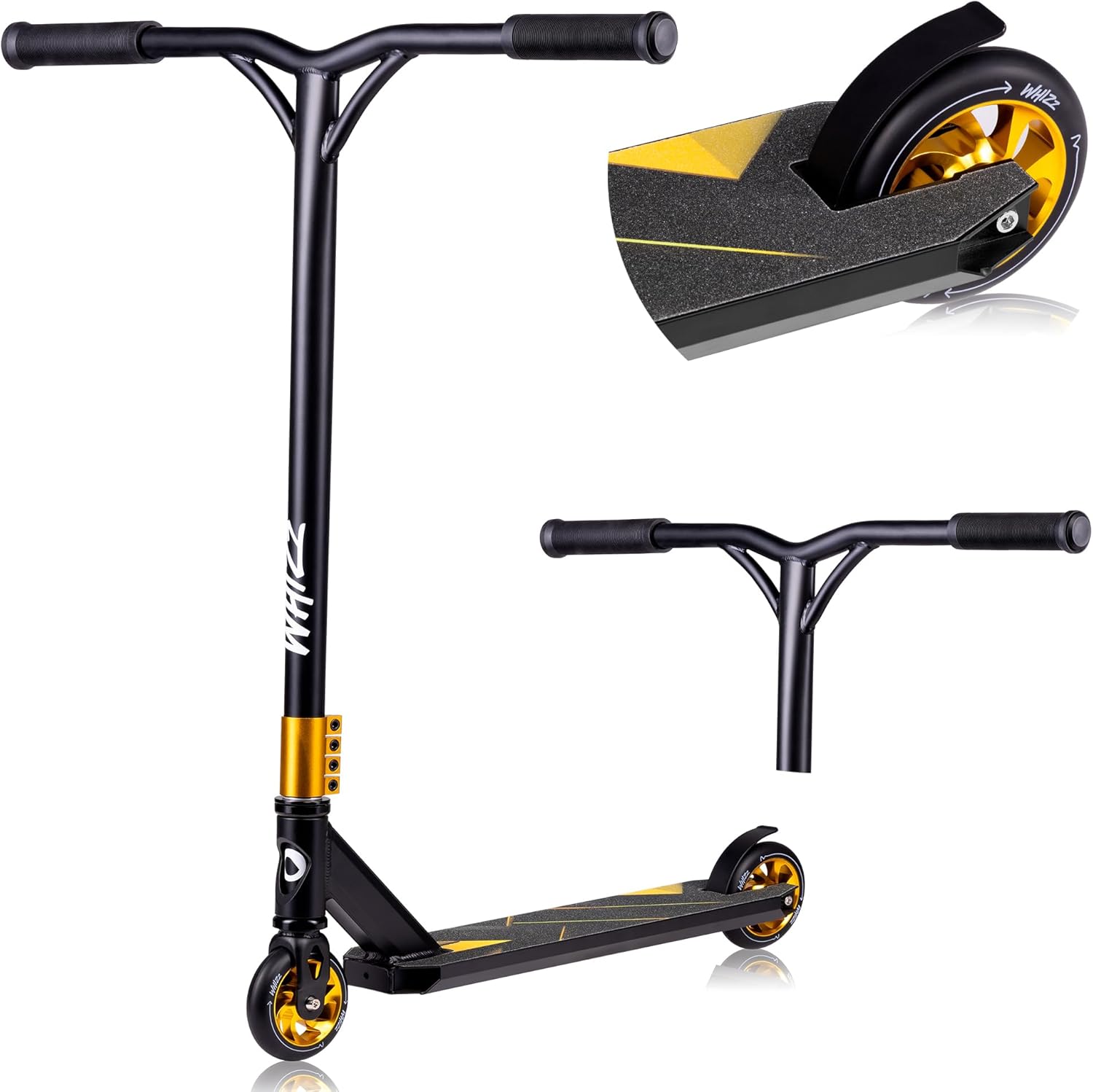 LIONELO Whizz Monopattino Stunt Scooter Freestyle, Cuscinetti ABEC-9 Deck in Alluminio Sistema di Compressione HIC Ruote da 110 mm Manubrio a T Largo, Freno Flex Fender MN Steel, Design Unico (Nero)